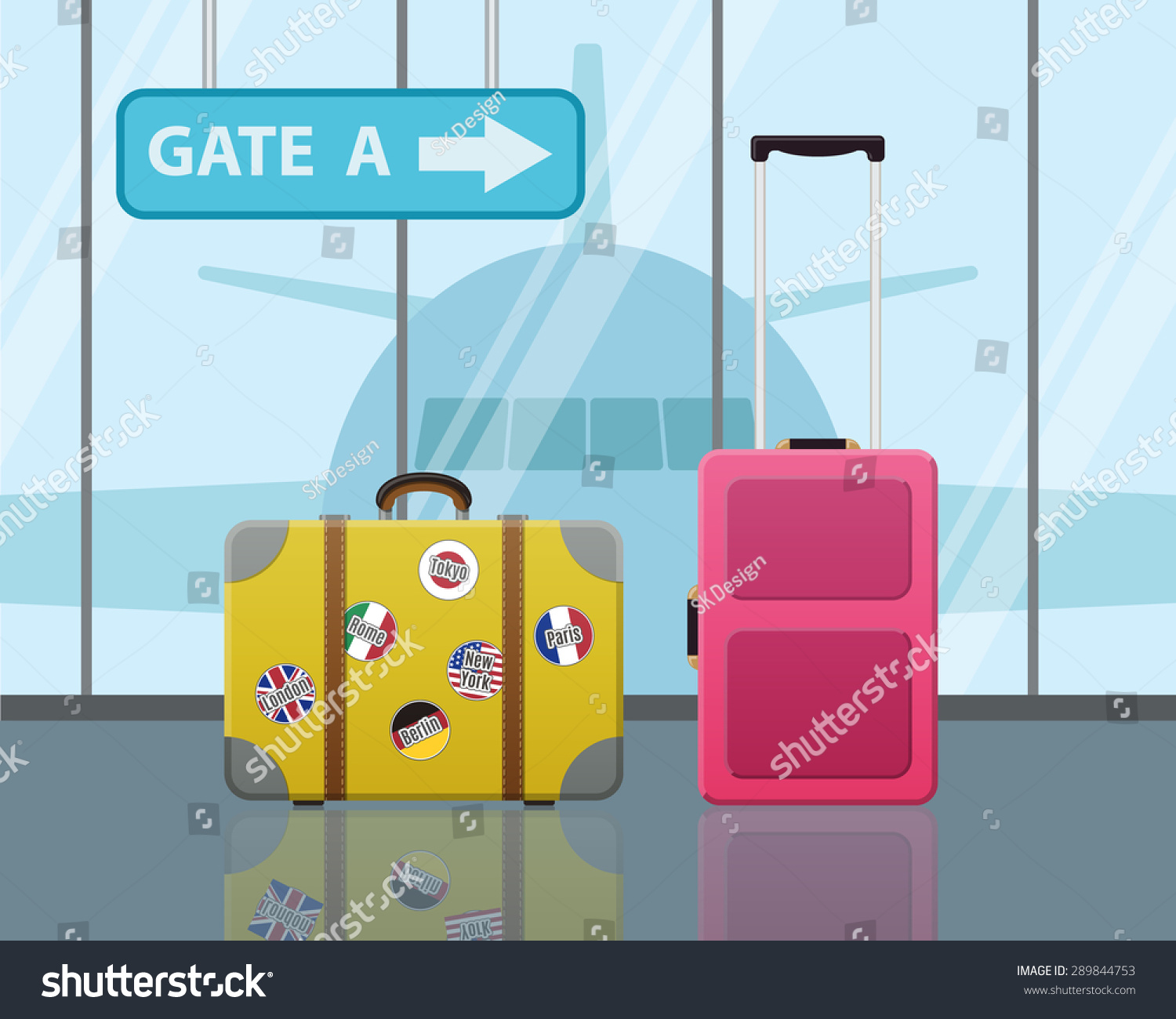 Travel suitcases in airport with a plane in background. Travel  Business trip concept. Modern Flat Design