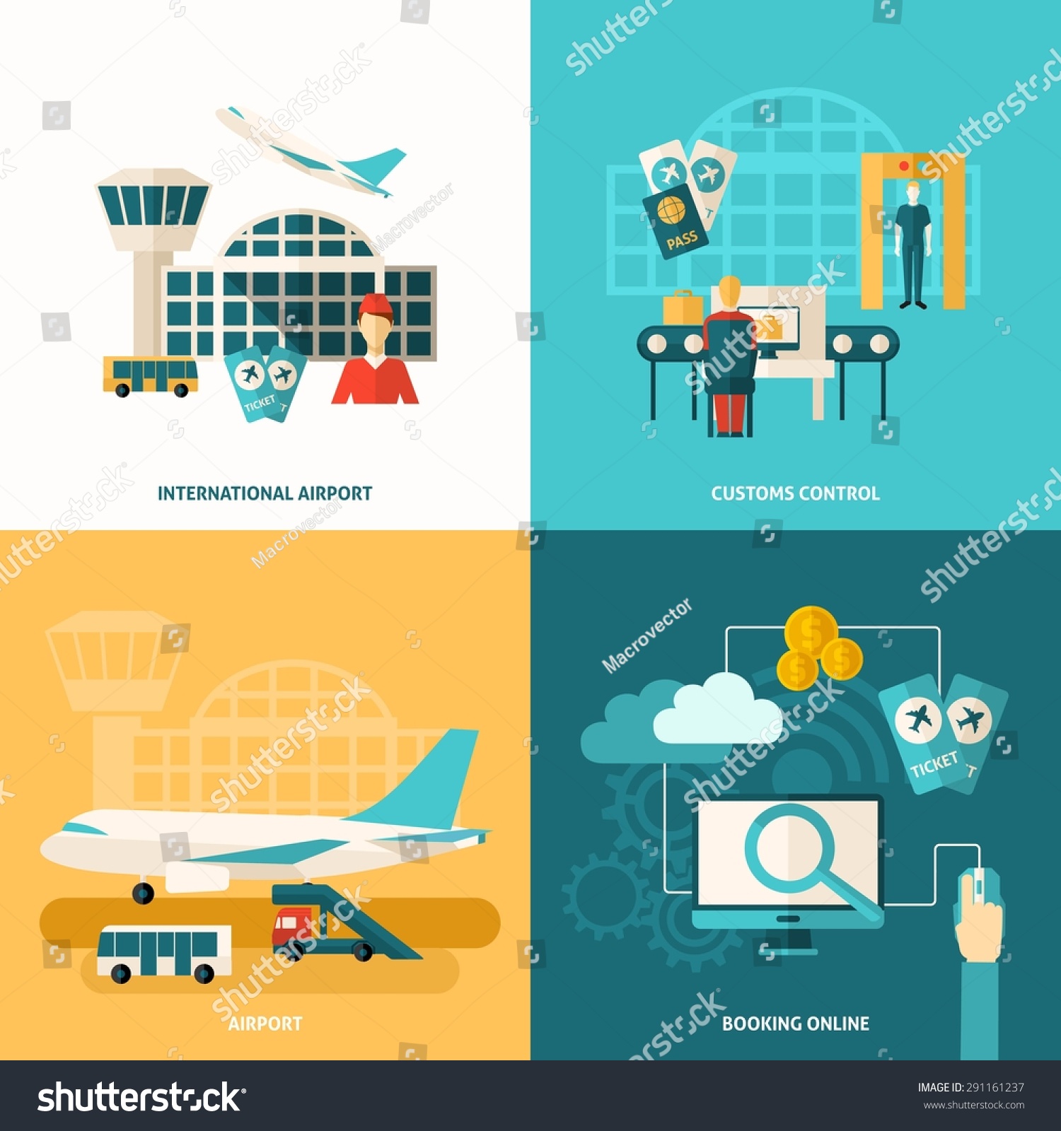 Airport design concept set with customs control and online booking flat icons isolated vector illustration