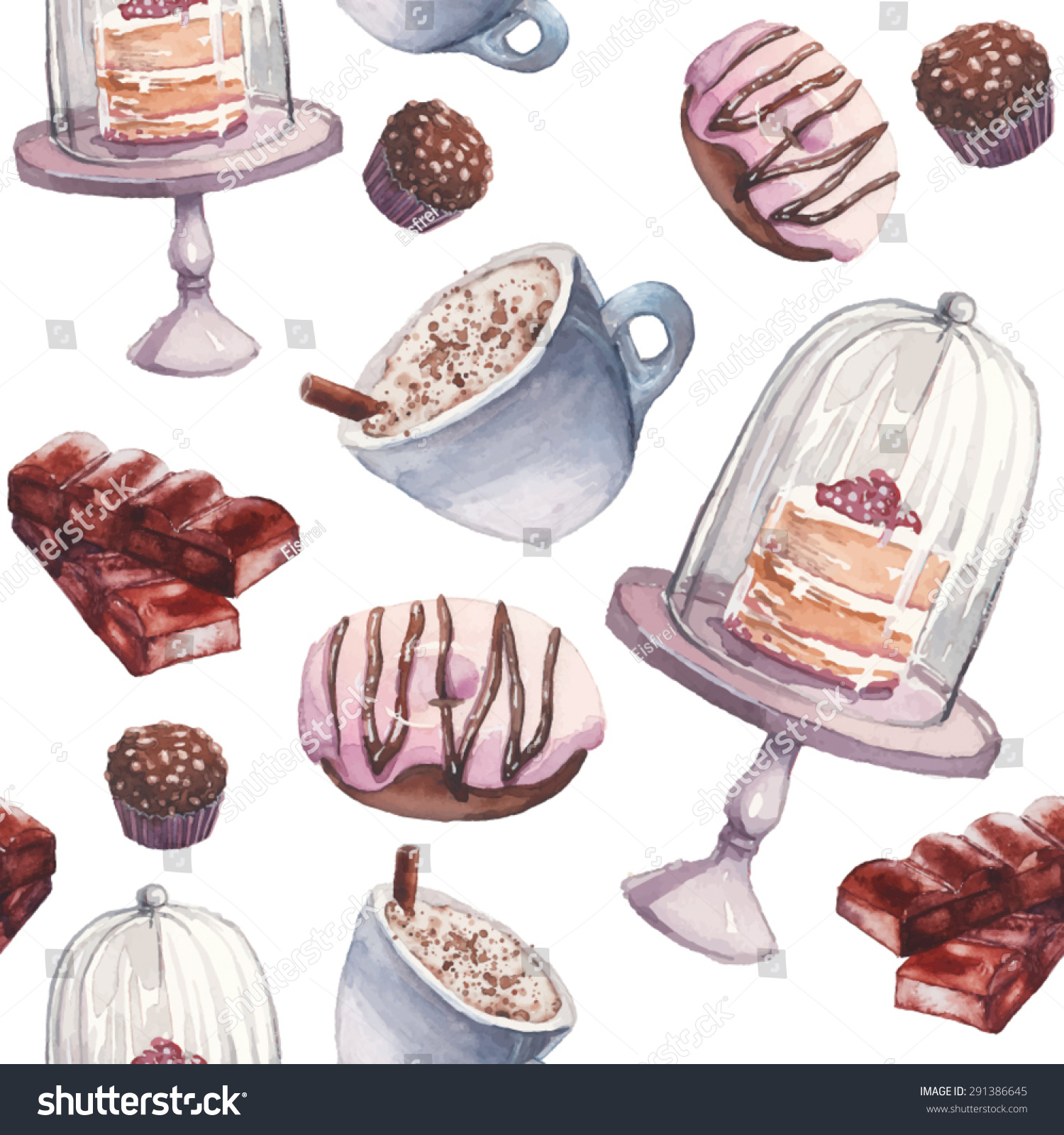 Watercolor coffee and sweets seamless pattern. Hand drawn vintage texture with chocolate  nuts candy  cup of cappuccino  rustic cake  pink donut on white background. Food vector wallpaper