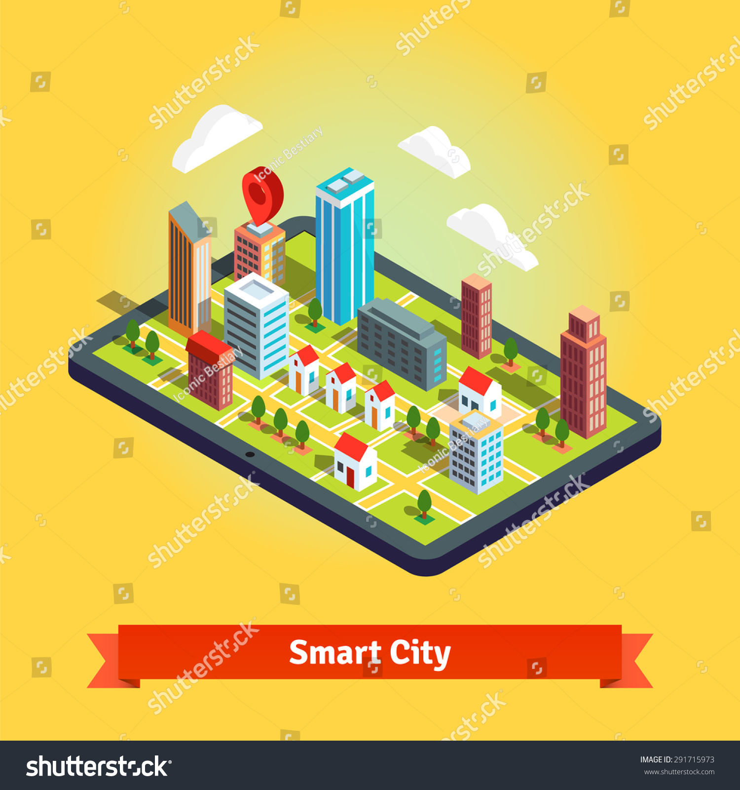 3D isometric navigation map of a small town on the tablet and destination point pin. GPS route. Flat isolated vector illustration on white background.