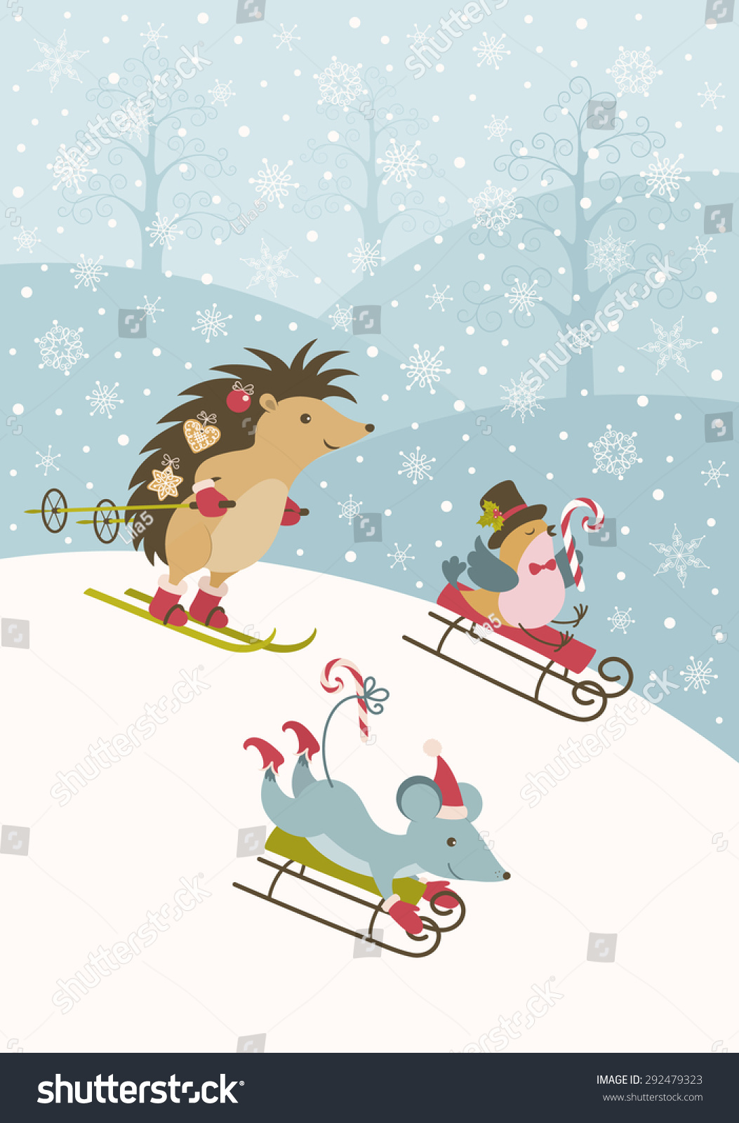 The fun animals with sledges and skis and a winter forest. Vector background.