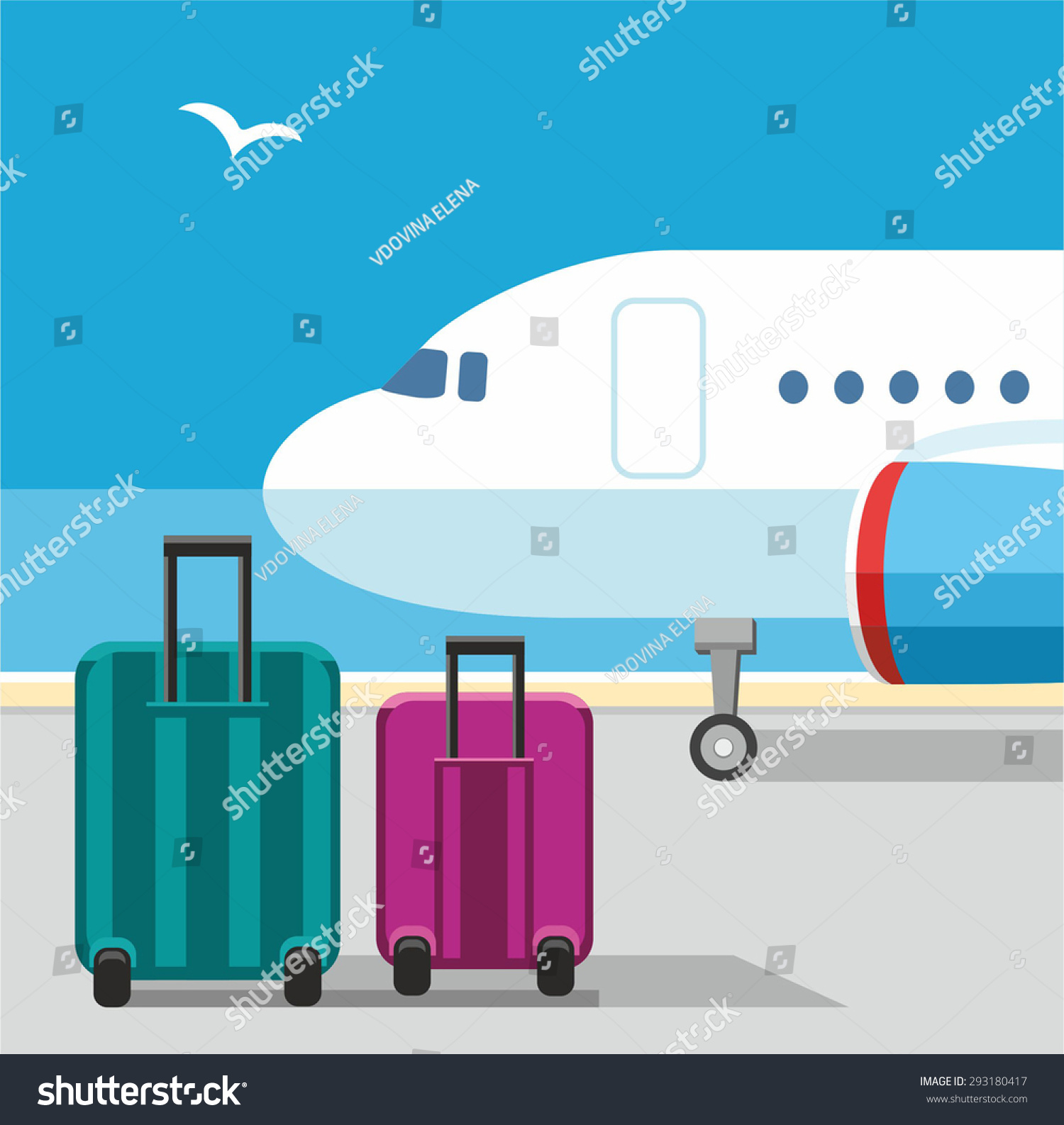 The plane  suitcases  Seagull  blue sky  airport  baggage  vacation. Color flat illustration with airplane and Luggage on the runway. On the background of blue sky and seagulls. . 