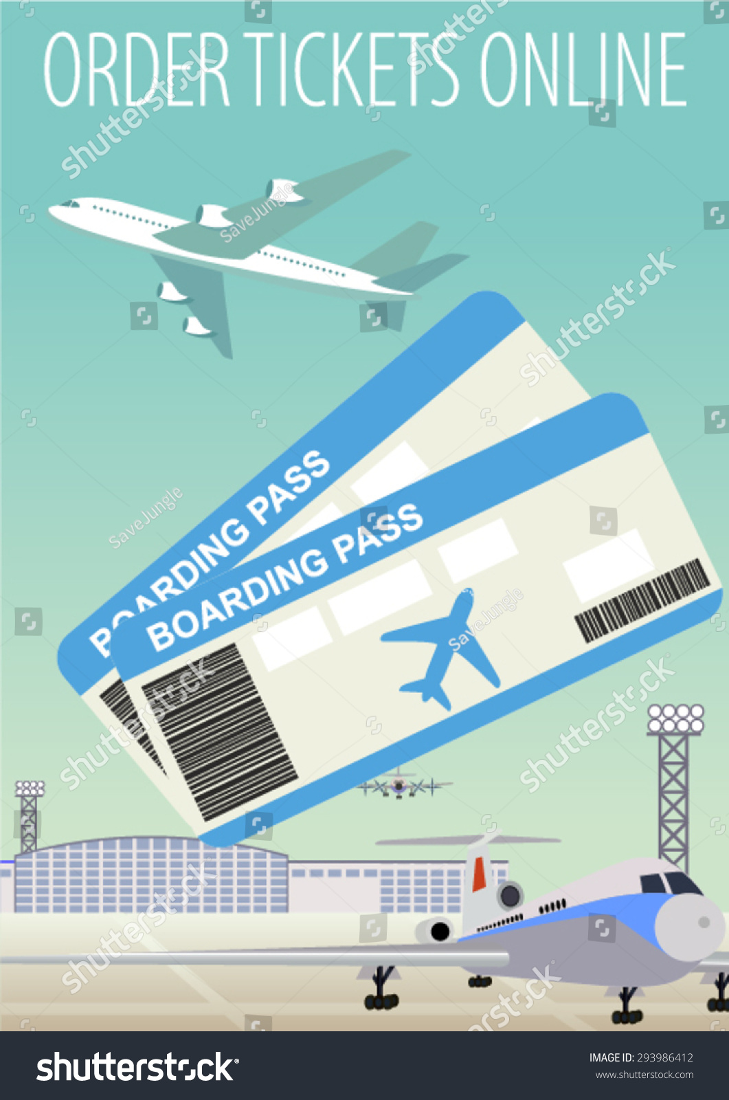 Online ticket booking ordering and boarding pass and  Airplane Airport 