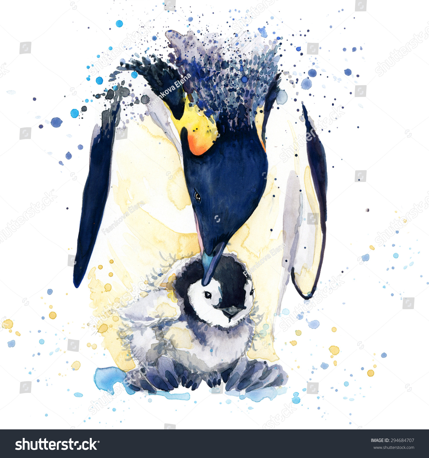 Penguin T-shirt graphics. Penguin illustration with splash watercolor textured background. unusual illustration watercolor Penguin for fashion print poster textiles fashion design