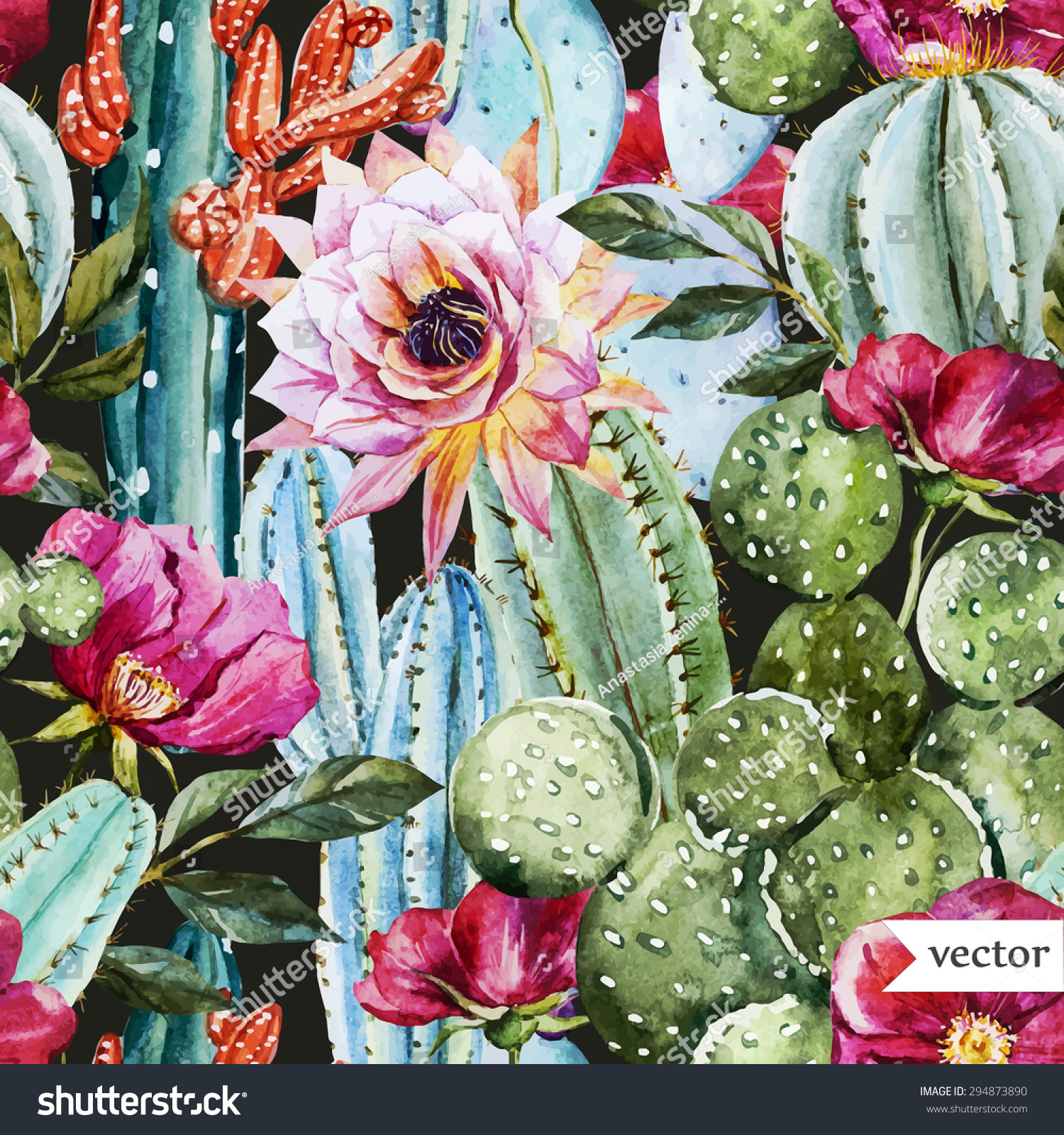 watercolor vector pattern with flowers roses and cactus  bright tropical pattern  dark background