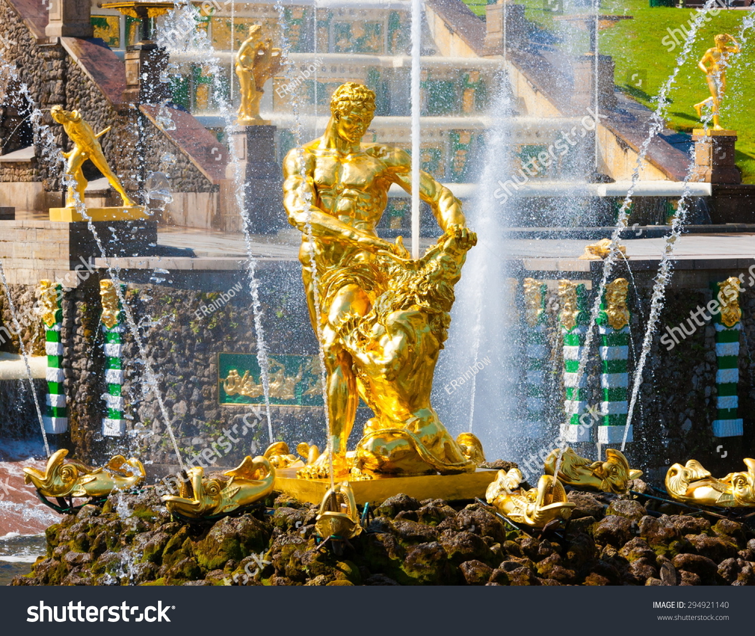 amazing beautiful landscape old historical garden building palace golden sculpture statues and fountains spray water Peterhof city saint petersburg north country russia UNESCO world heritage luxury