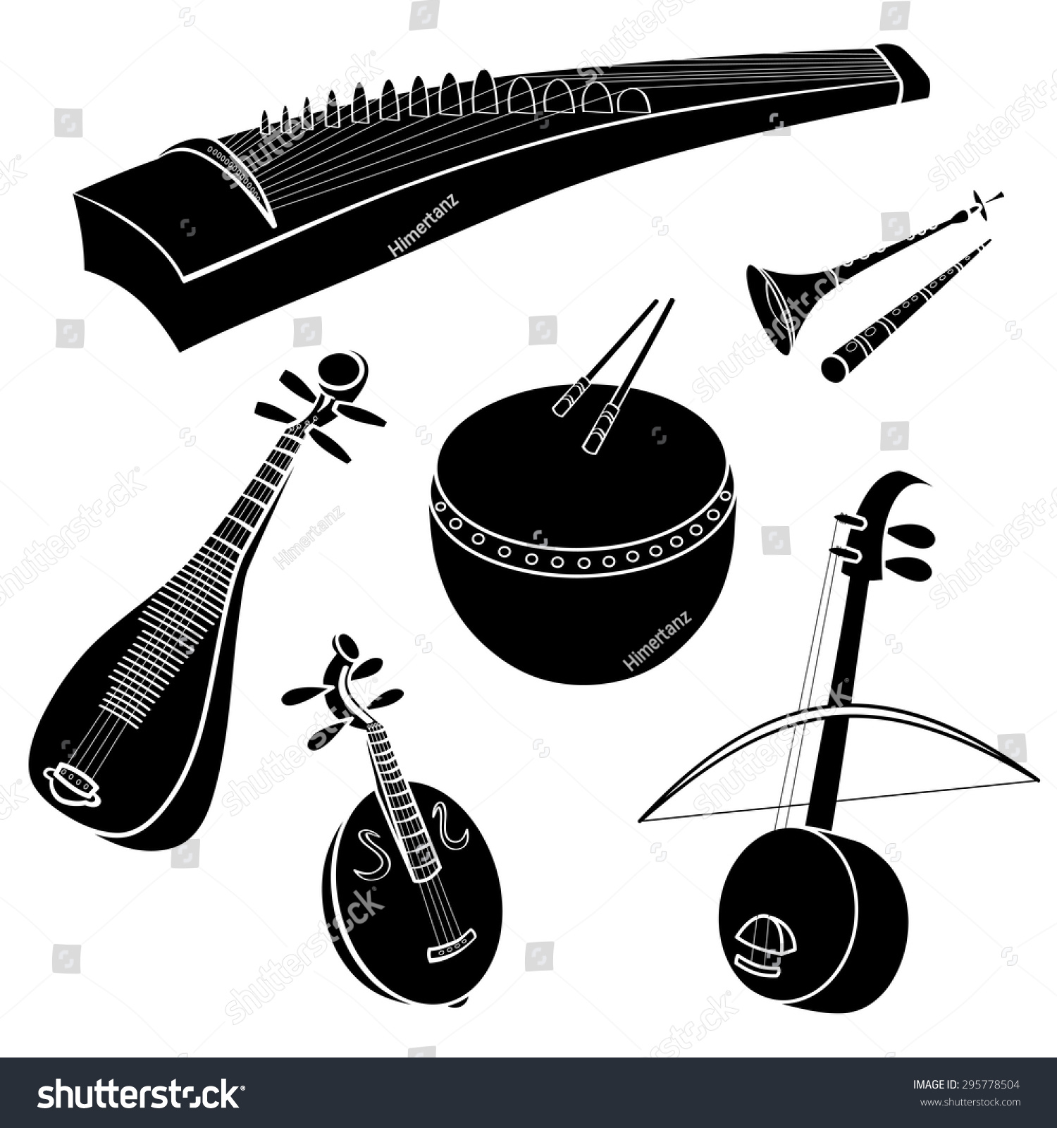 Set of hand drawn traditional Chinese musical instruments. Guzheng pipa ...