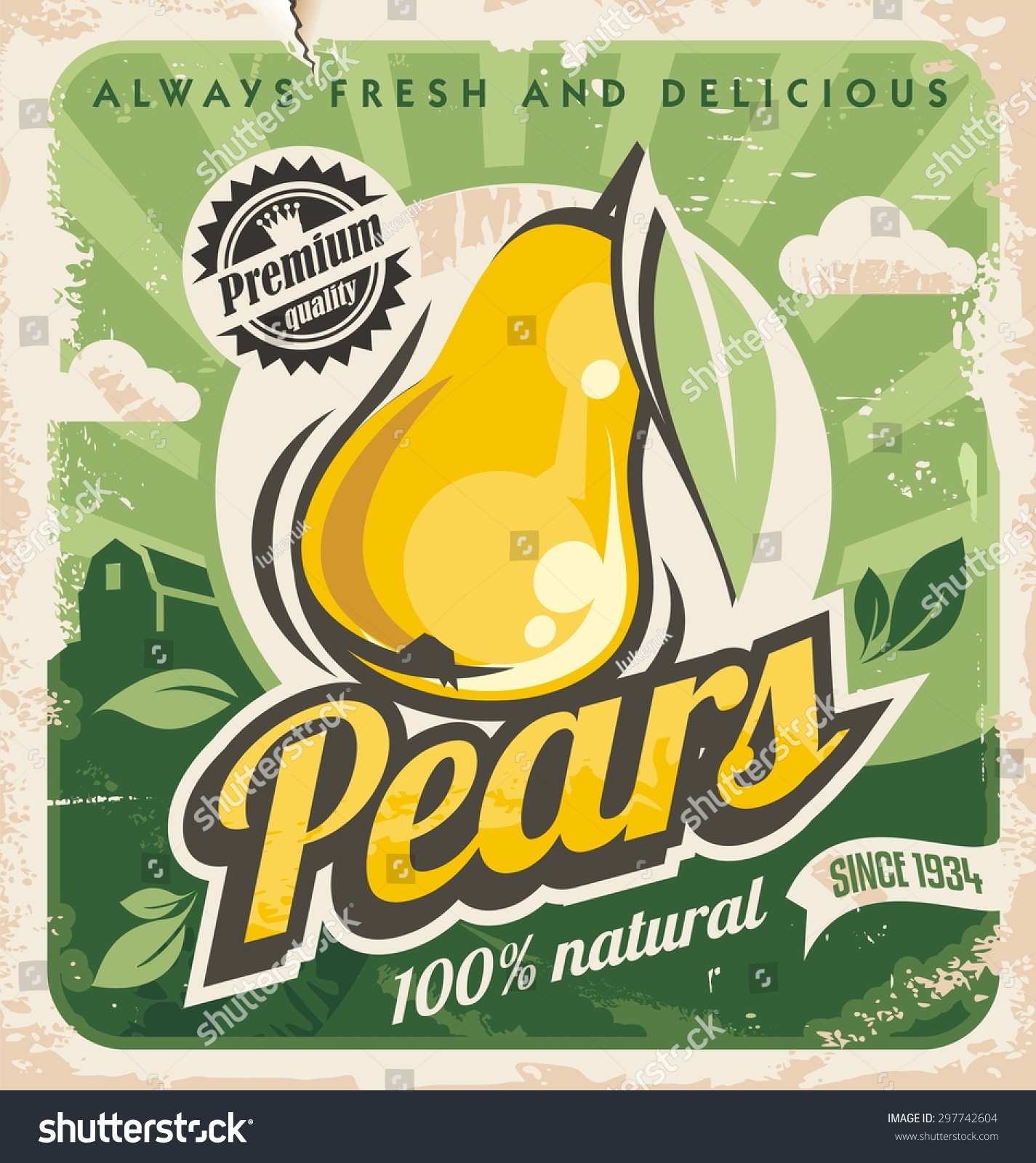 Retro pear poster design. Vintage sign for farm fresh food. Yellow fruit on old paper texture. Promotional ad layout concept.