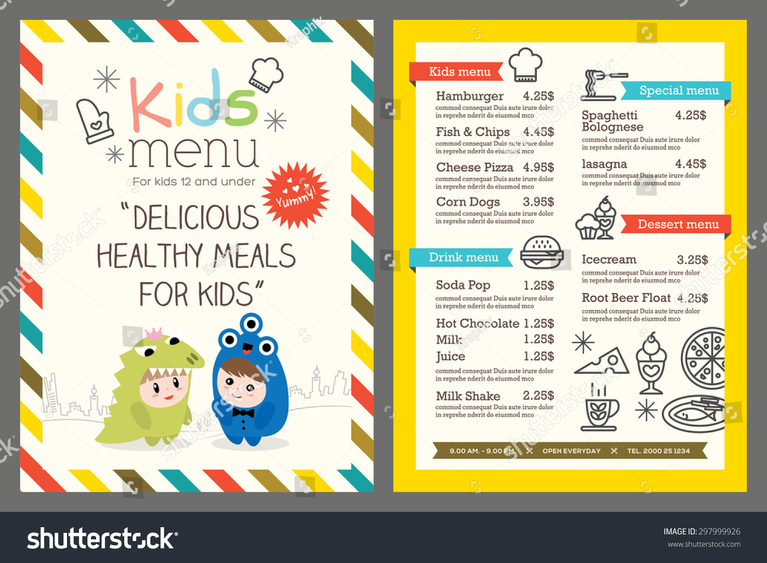 Cute colorful kids meal menu vector template
