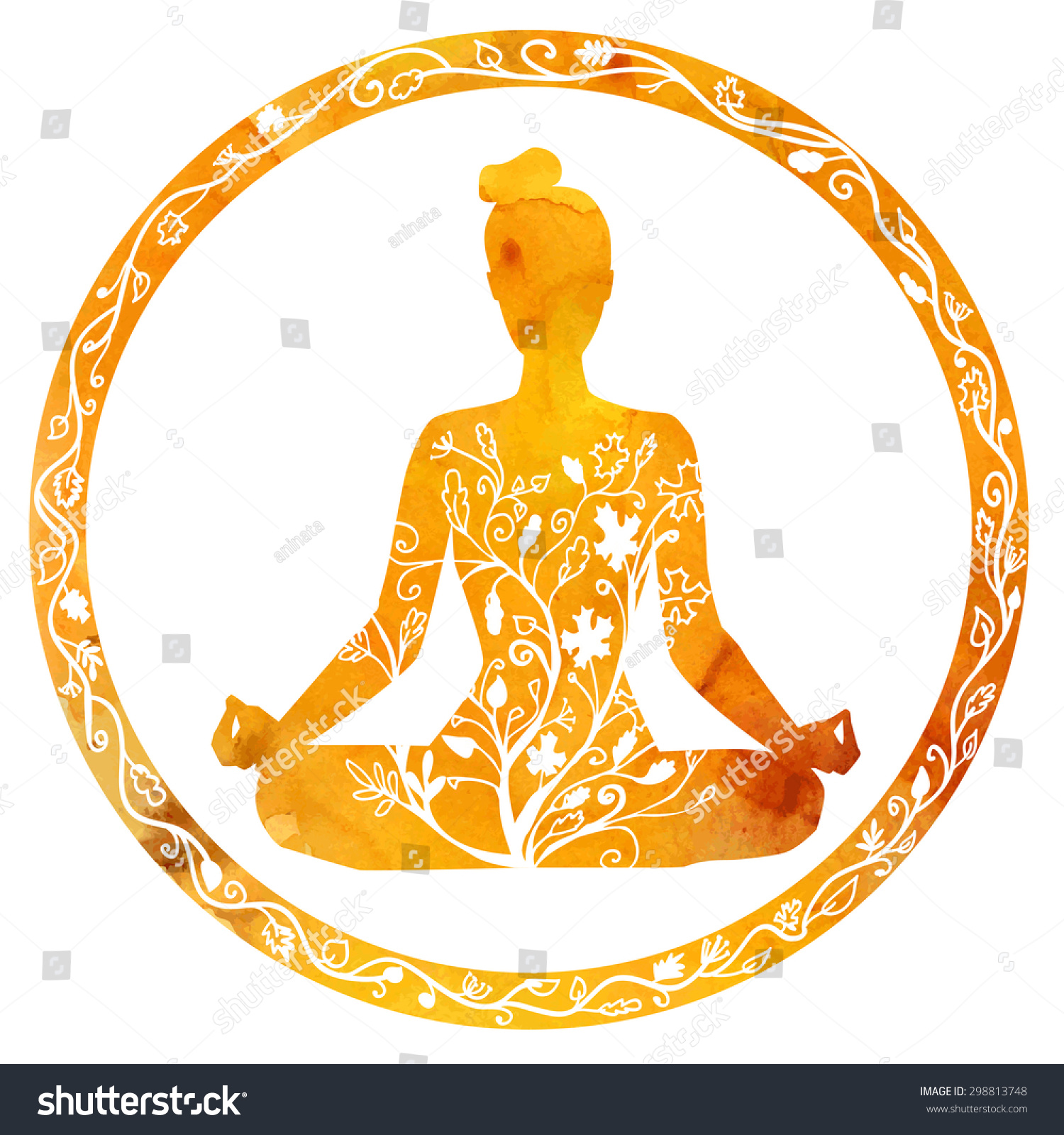 Vector silhouette of yoga woman in circle frame with bright orange watercolor texture and floral ornament. Autumn colors and tree leaves decoration. Lotus pose - Padmasana.