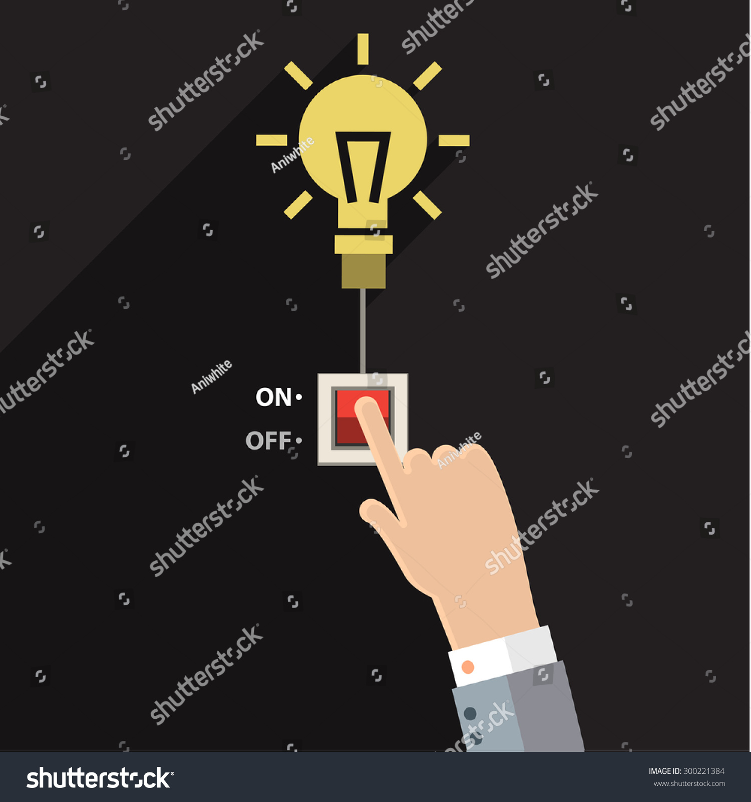 Turn on idea  representing with hand pushing on button on for bright light bulb.