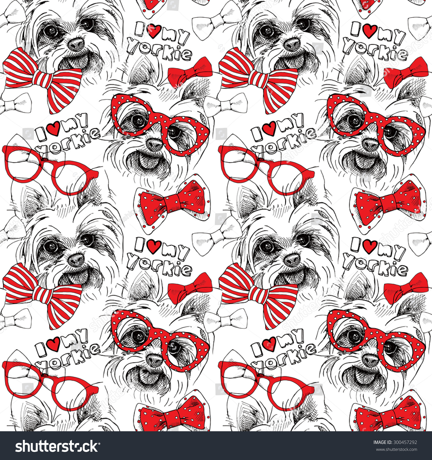 Seamless pattern with image of a dog York  bows  glasses  tie. Vector illustration.