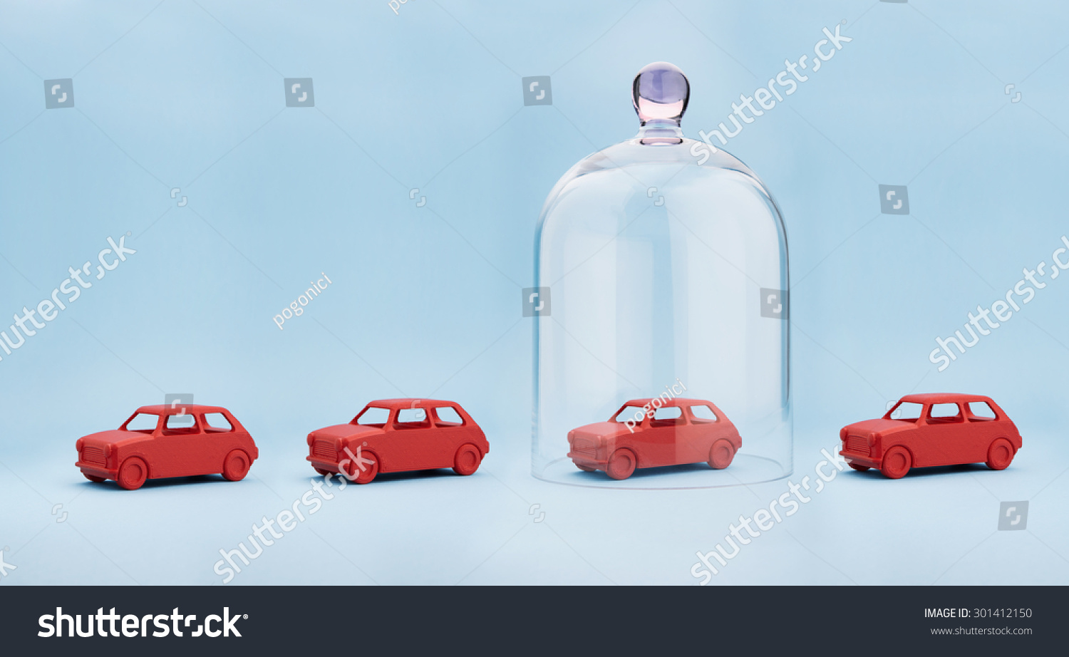 Toy car protected under a glass dome on blue background