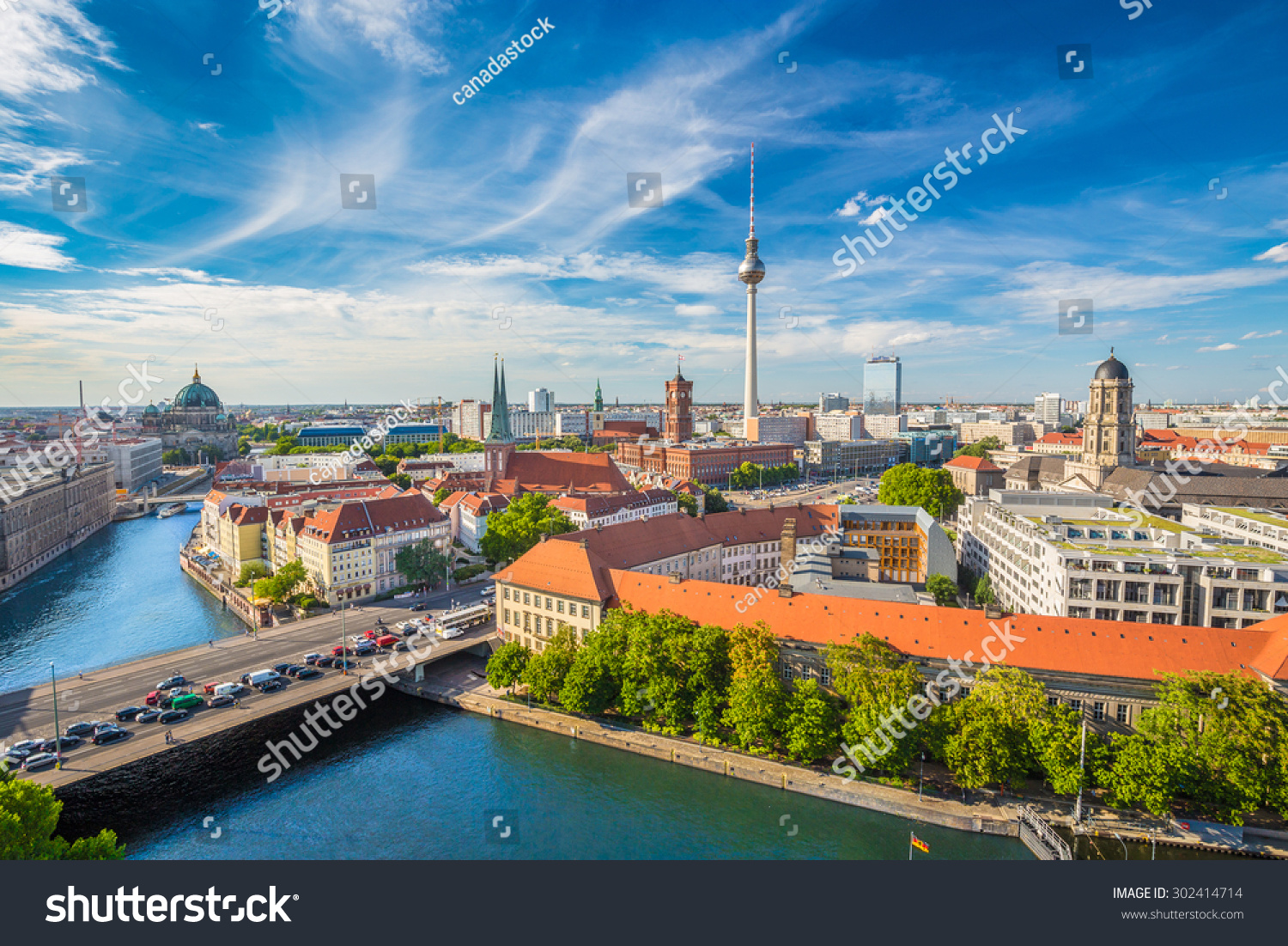 Aerial view of Berlin skyline with famous TV tower and Spree river in summer  Germany