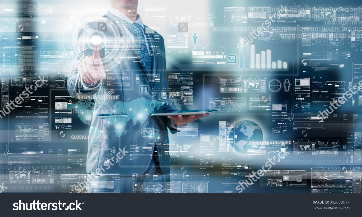 Businessman press on digital screen  digital layer effect  business strategy concept