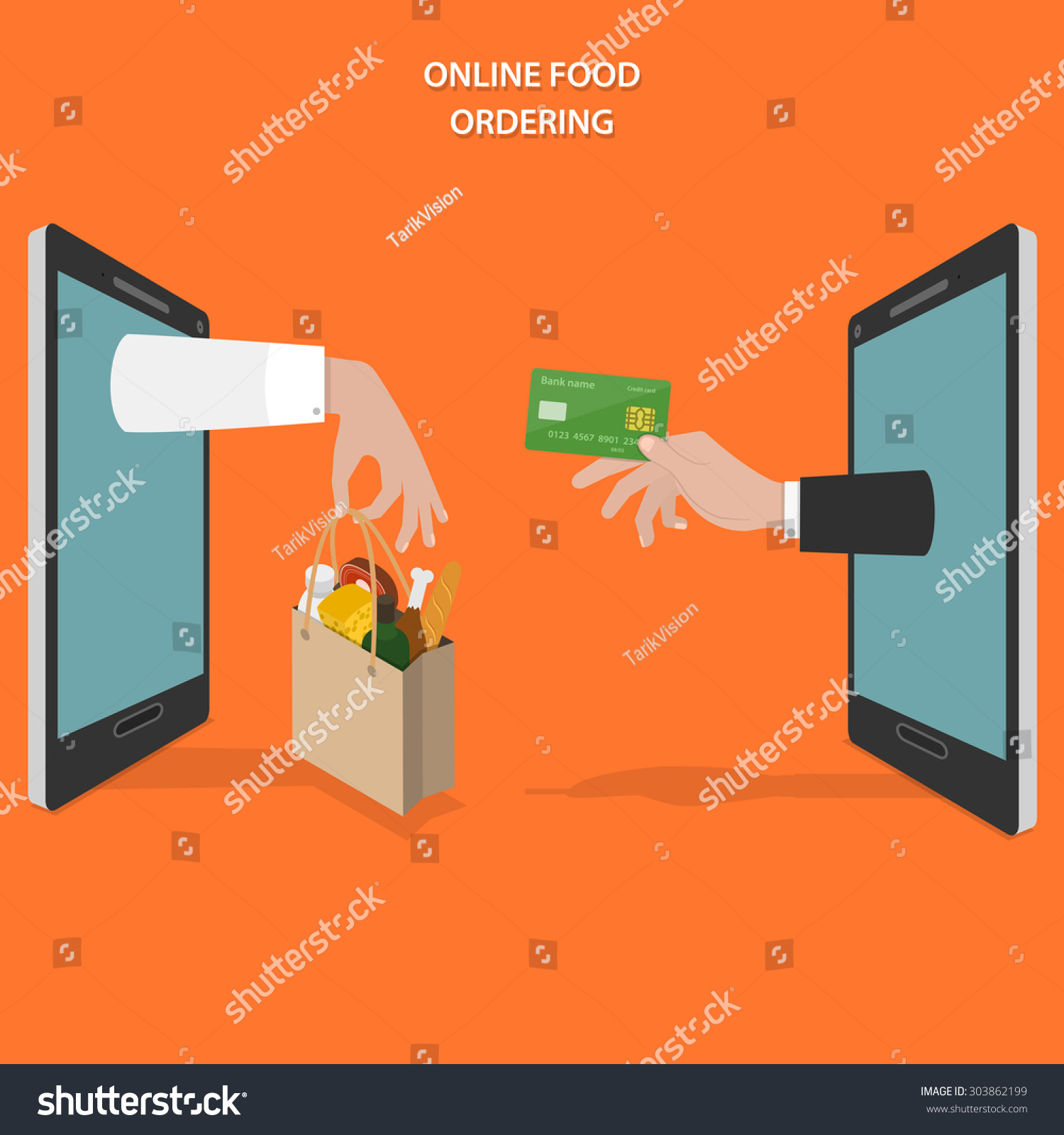 Online food ordering flat vector concept. Hands of delivery man and customer appear from smartphone screen.