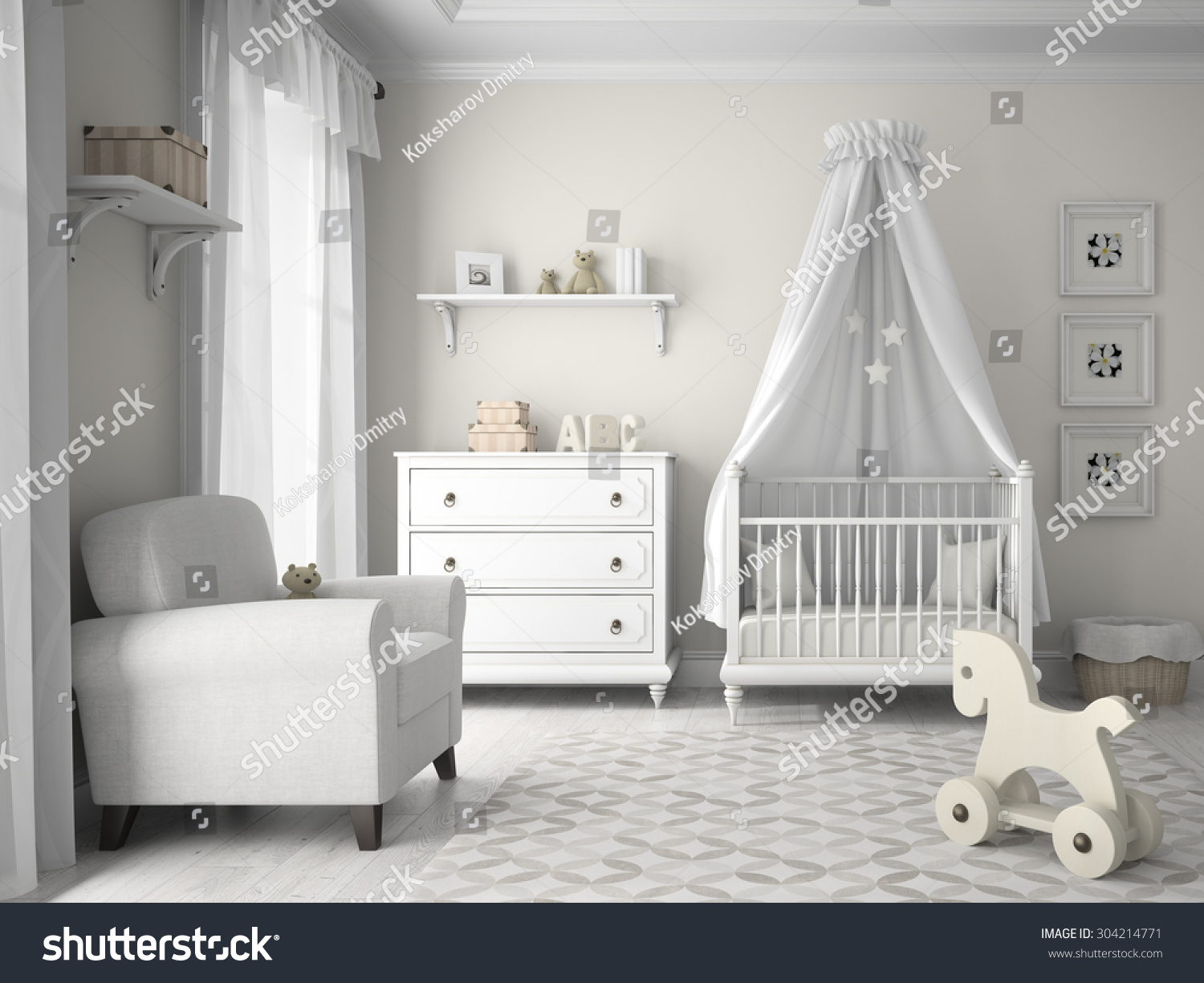 Classic children room in white color 3D rendering 