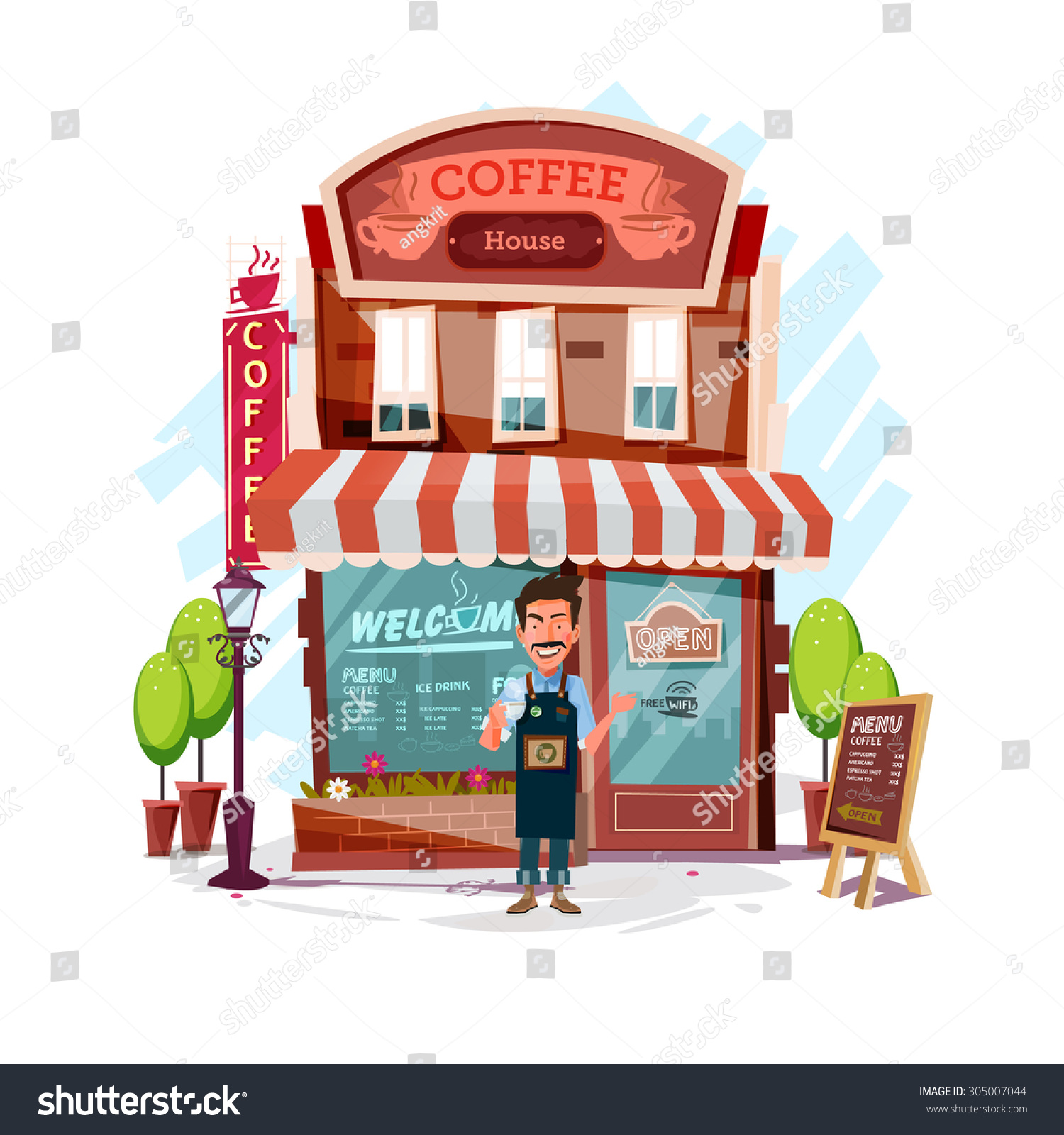 coffee house with barista man. Facade of a coffee shop store or cafe - vector illustration