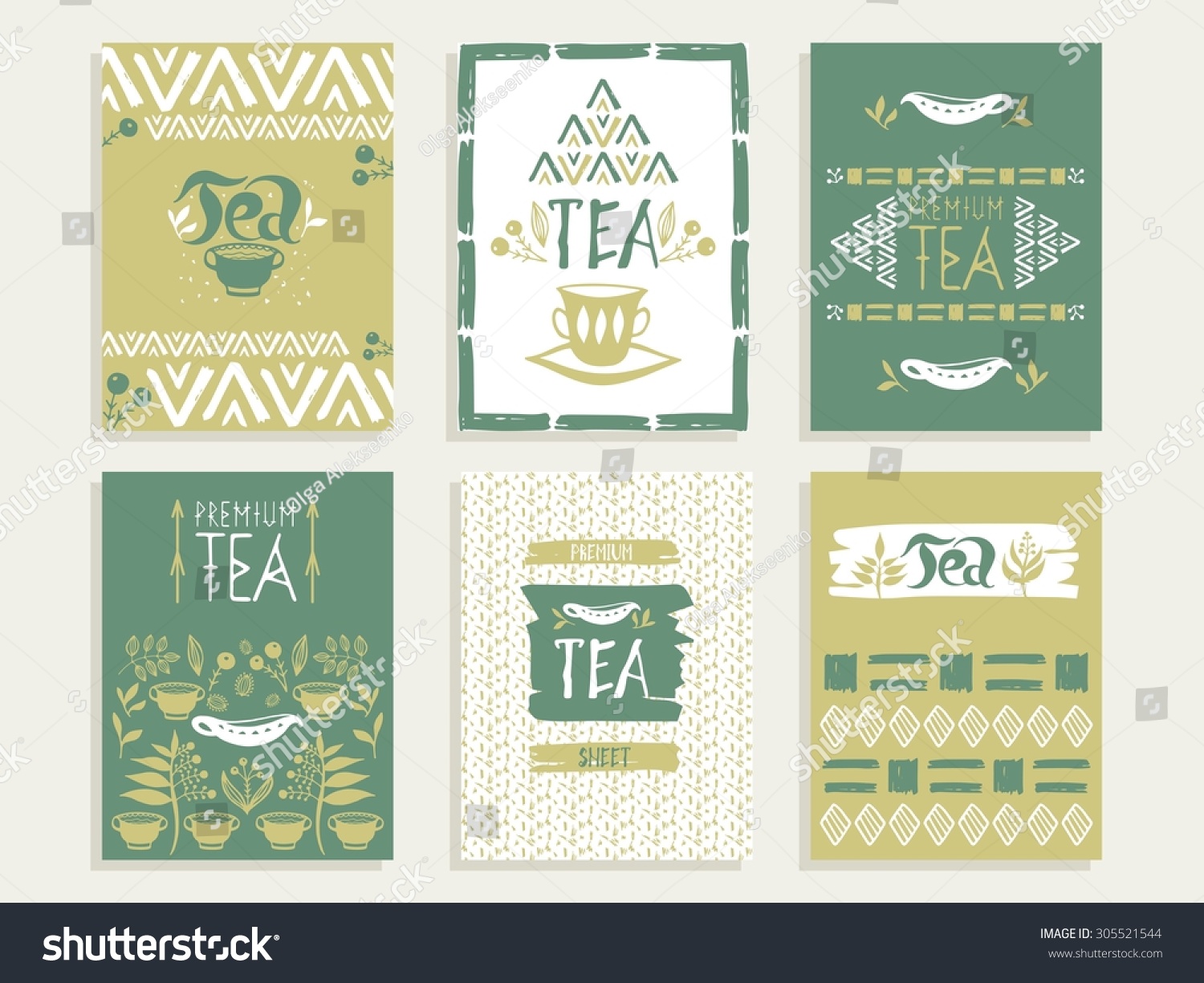 Set of cards with the tea  tea leaves  mugs  teapot  berries  ethnic ornaments.