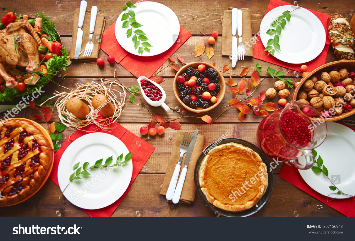 High angle view of table served for thanksgiving dinner with family