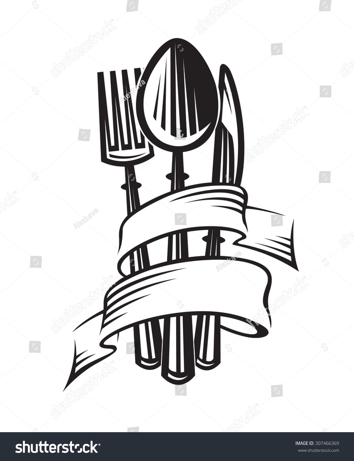 monochrome illustrations of spoon  fork and knife