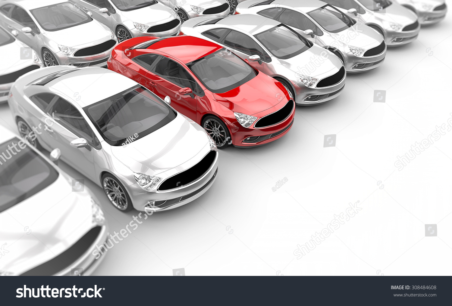 red car in a row of white cars