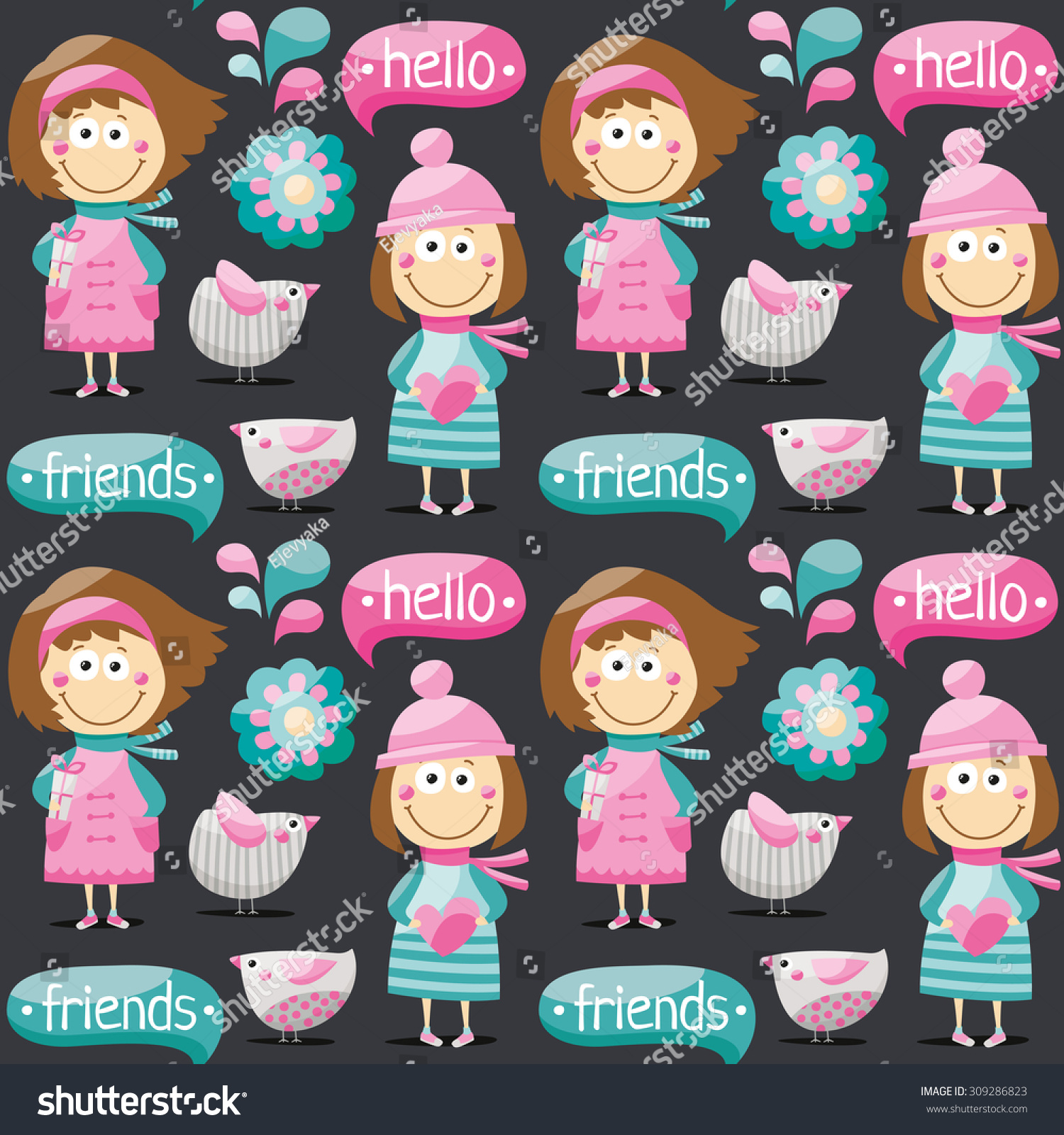 Seamless pattern with cute birds  girls kids abstract flowers  words hello and friends with gifts