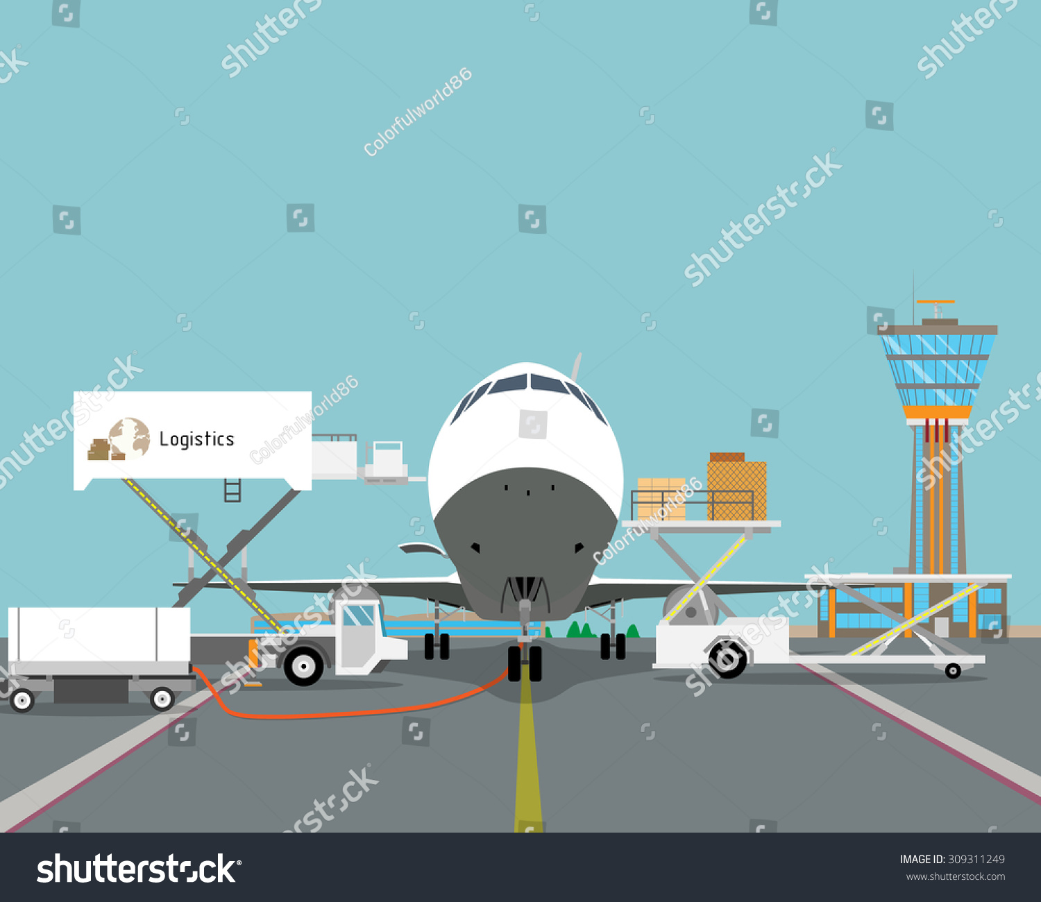 Loading boxes of the platform in the cargo plane at the airport. Vector illustration