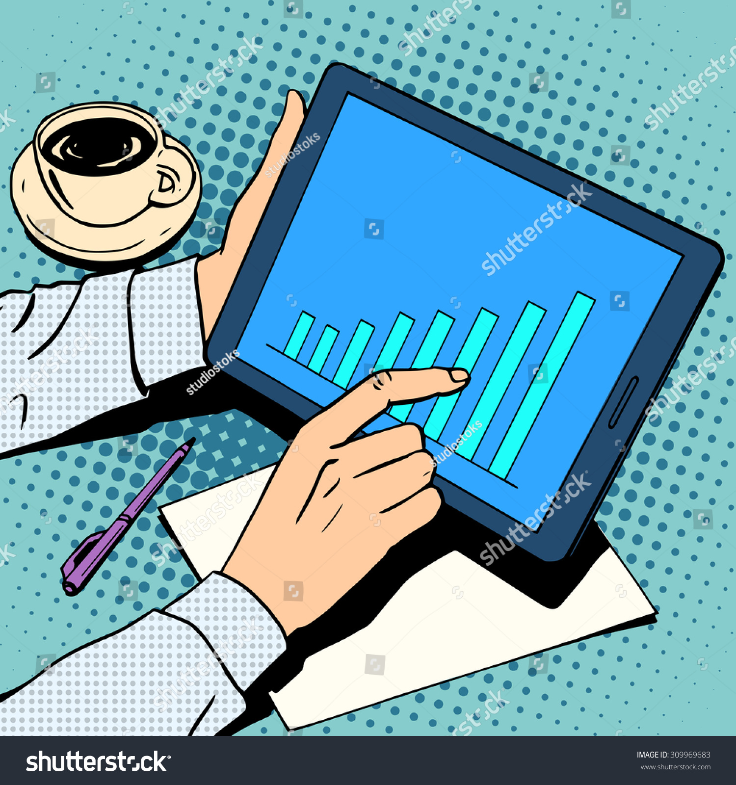 business concept businessman schedule growth tablet lunch retro style pop art