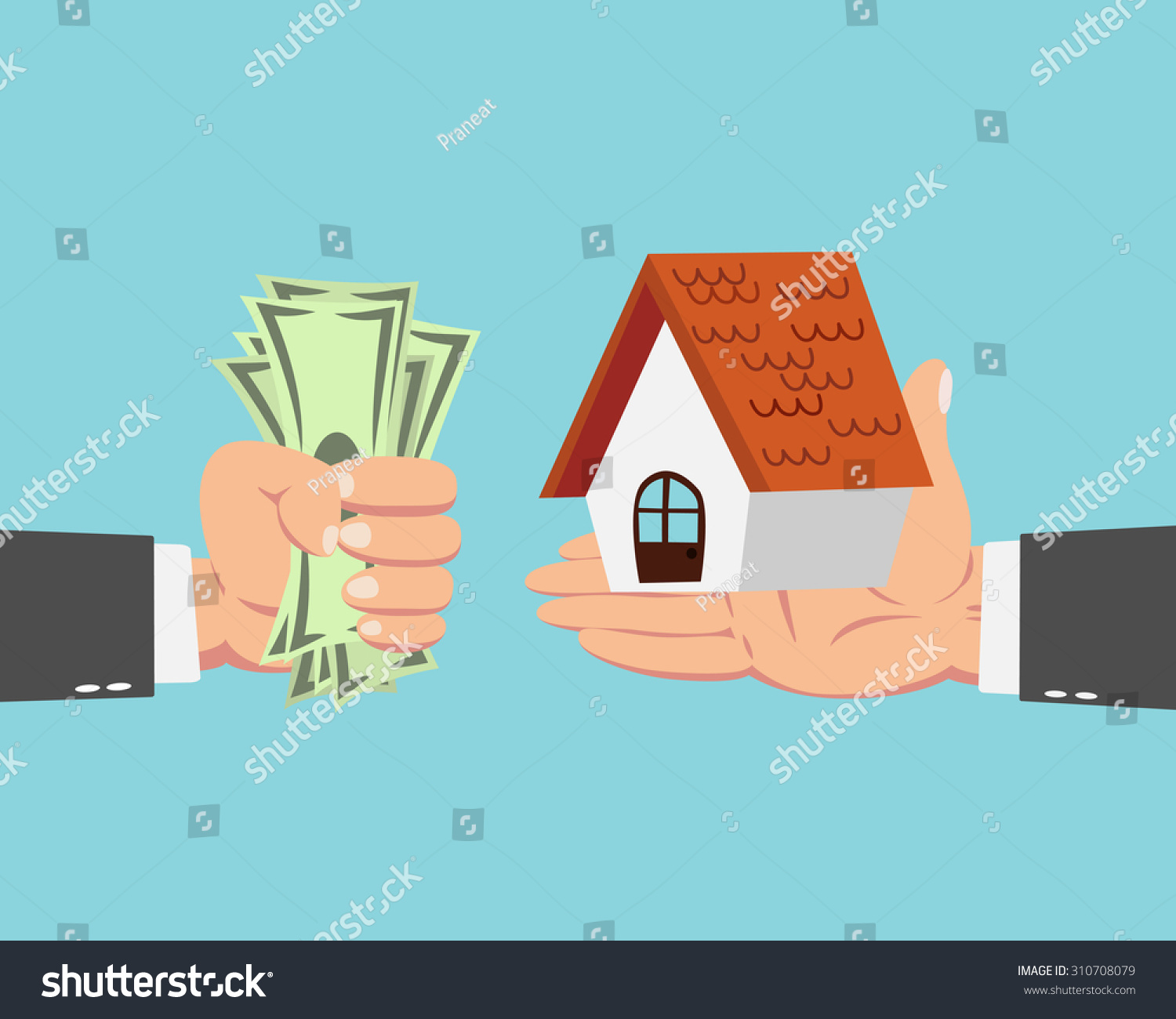 Hand of businessman with money buying house isolated on blue background