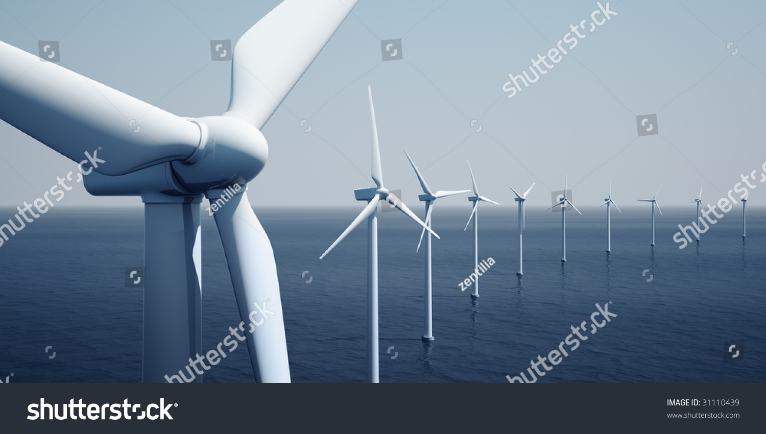 3d rendering of windturbines on the ocean