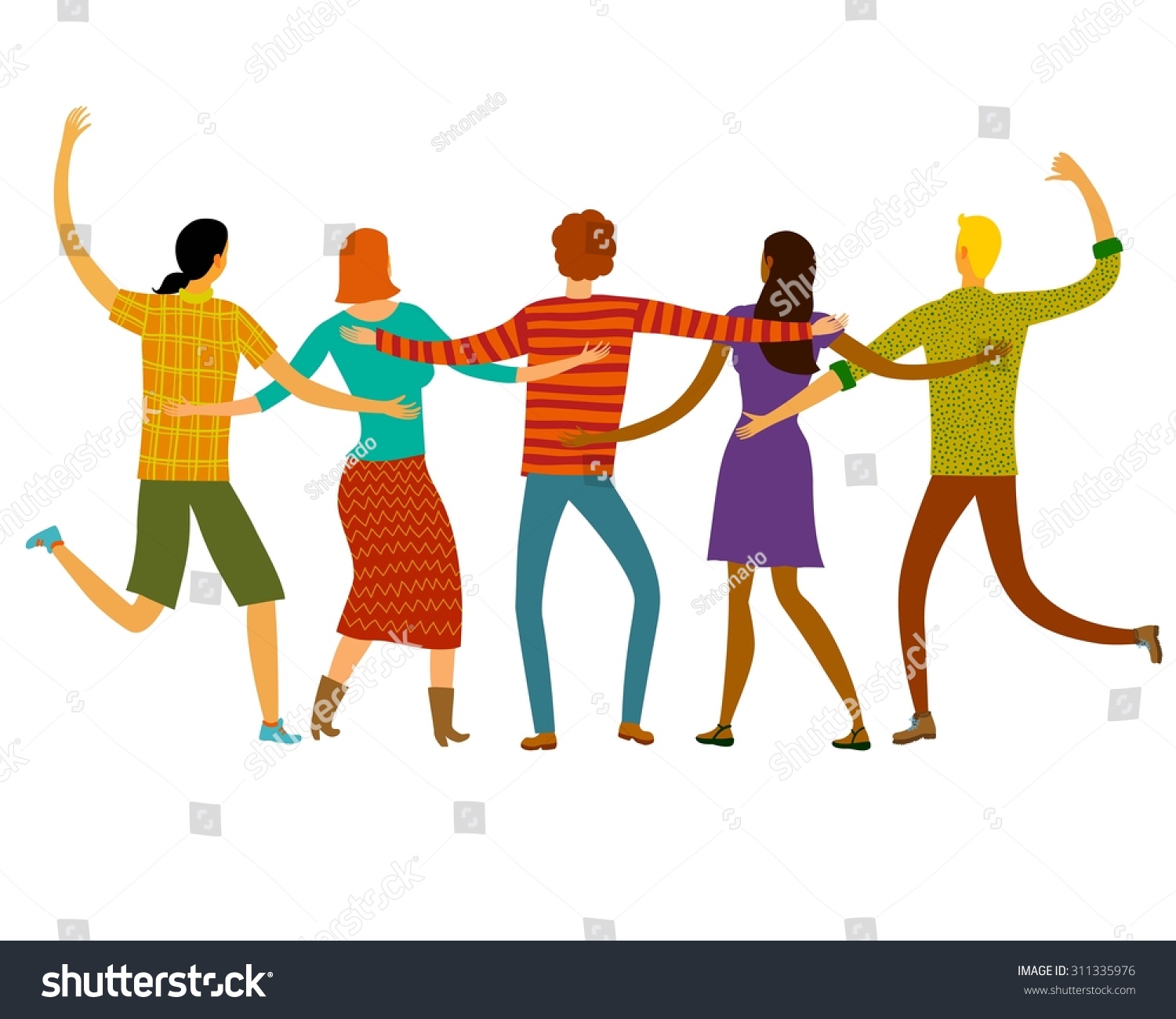 Group of five happy friends  boys and girls  hugging each other. Cartoon hand drawn illustration for your design.