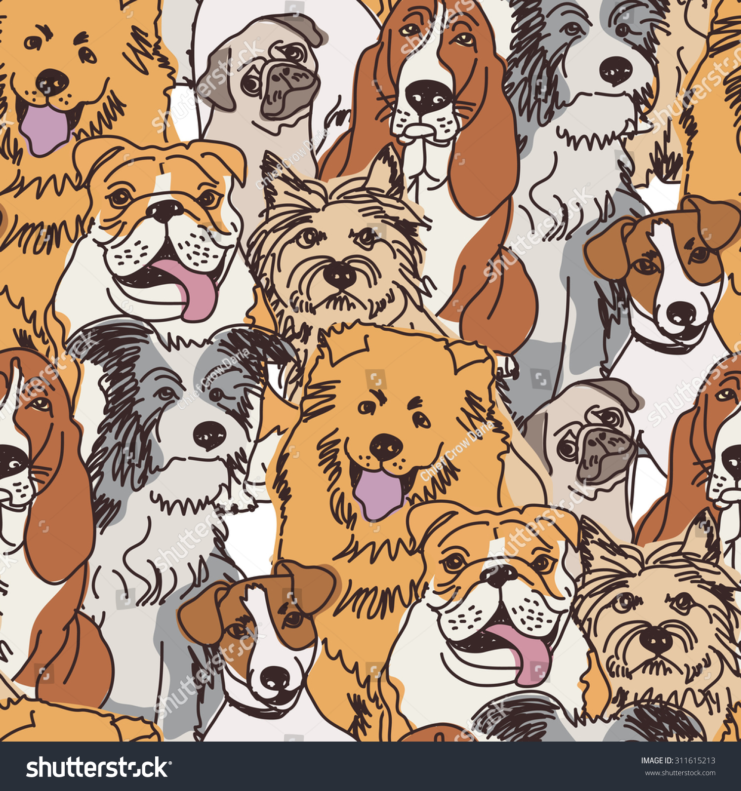 Group dogs seamless pattern color. Crowd dogs in wallpaper. Color vector illustration. EPS 8.