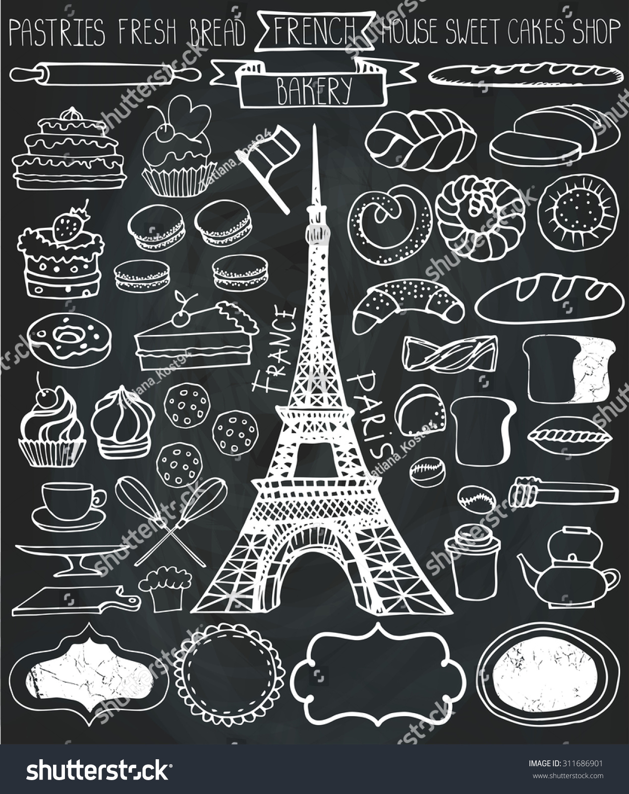 Doodle vector.French Bakery Cakes dessert bread pastries  icons set with Eiffel tower.Chalkboard Linear vintage elements for logo label menu cafe shop.Hand drawn isolated items.Isolated collection