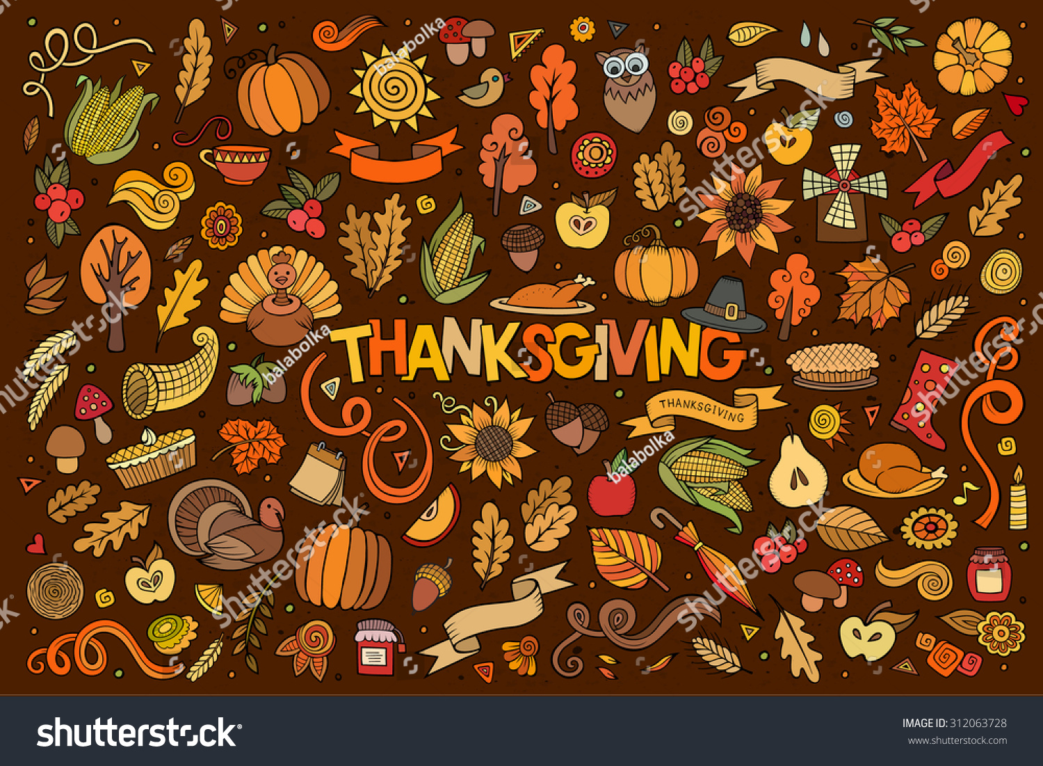 Colorful vector hand drawn Doodle cartoon set of objects and symbols on the Thanksgiving autumn theme