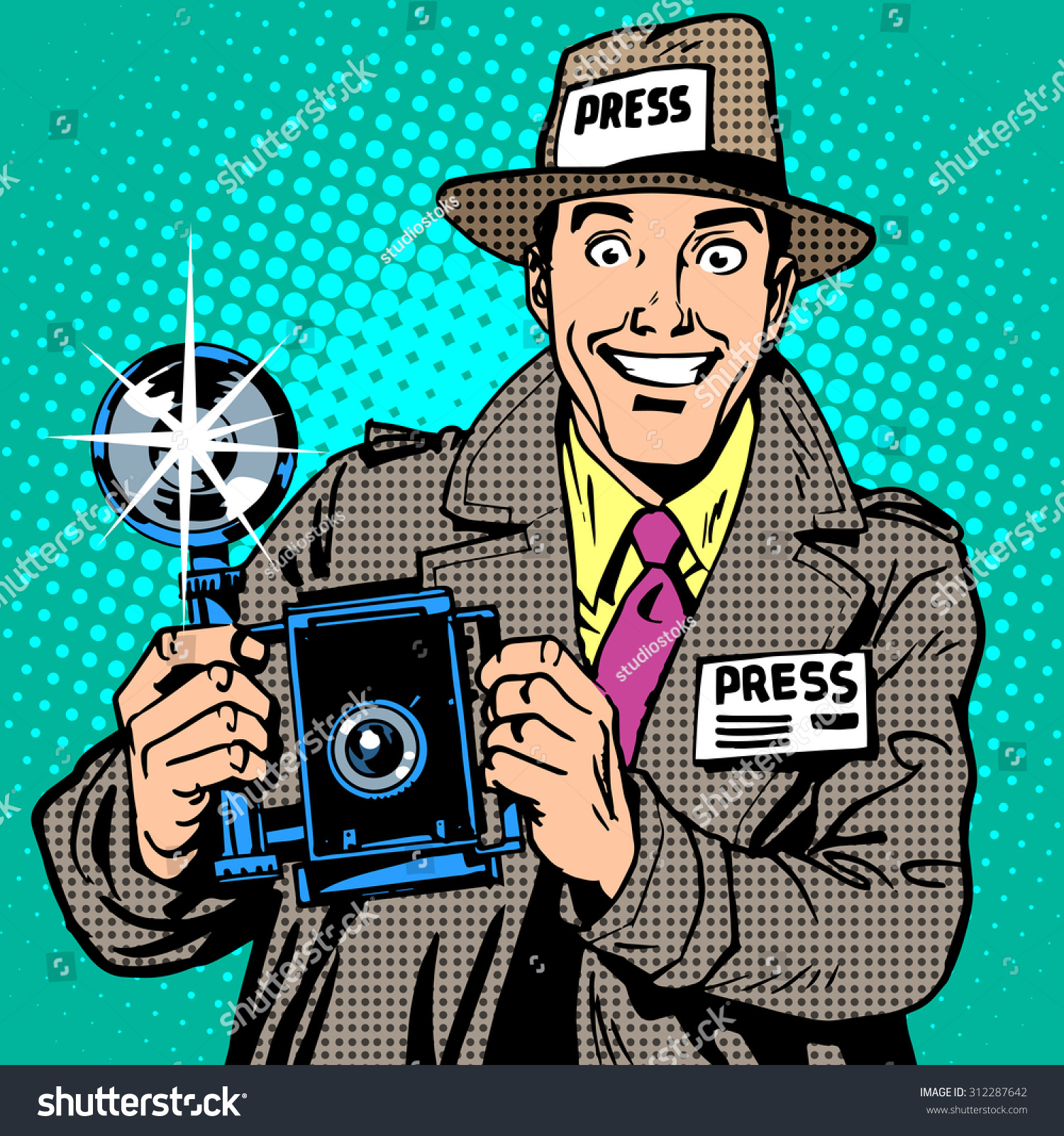 Photographer paparazzi at work press media camera. The reporter smiles. Pop art retro style