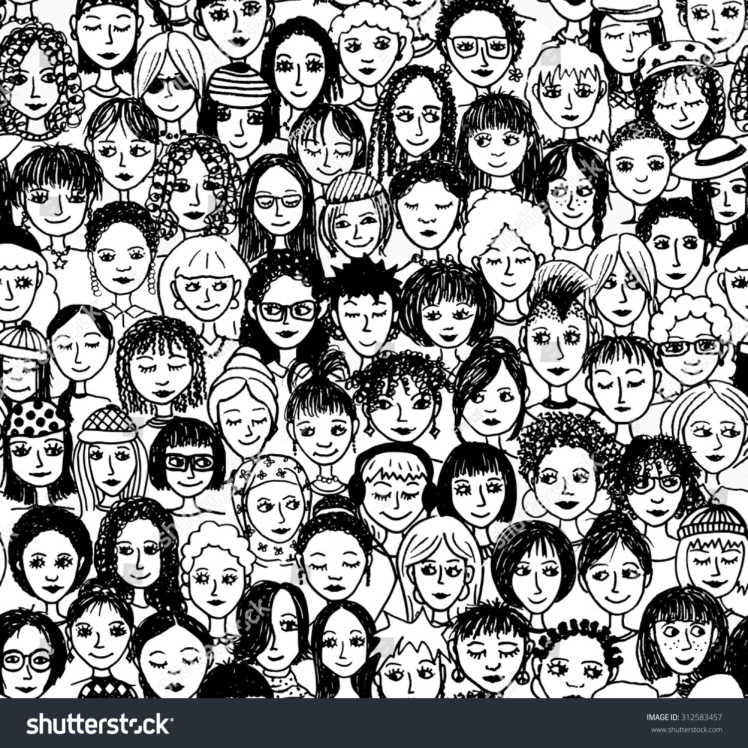 Women - hand drawn seamless pattern of a crowd of different women from diverse ethnic backgrounds