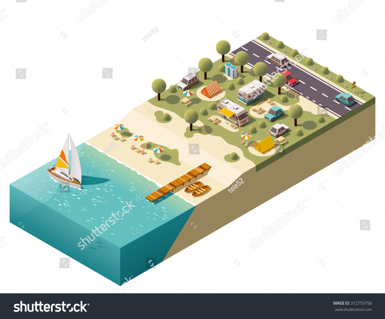 Vector isometric icon or infographic element representing low poly tourist camping  camper van and camping trailer  tents  related equipment on the sea beach