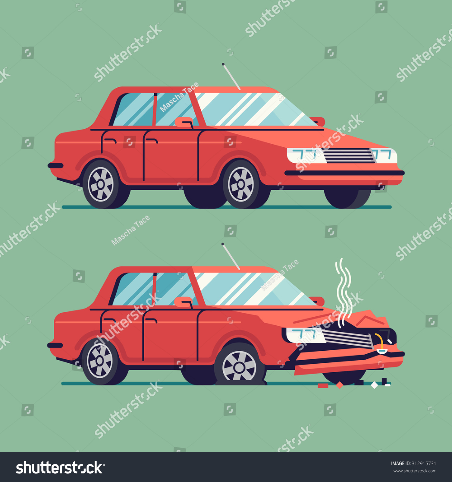 Trendy flat design traffic car sedan vehicle before and after car crash road accident | Wrecked and okay vehicle