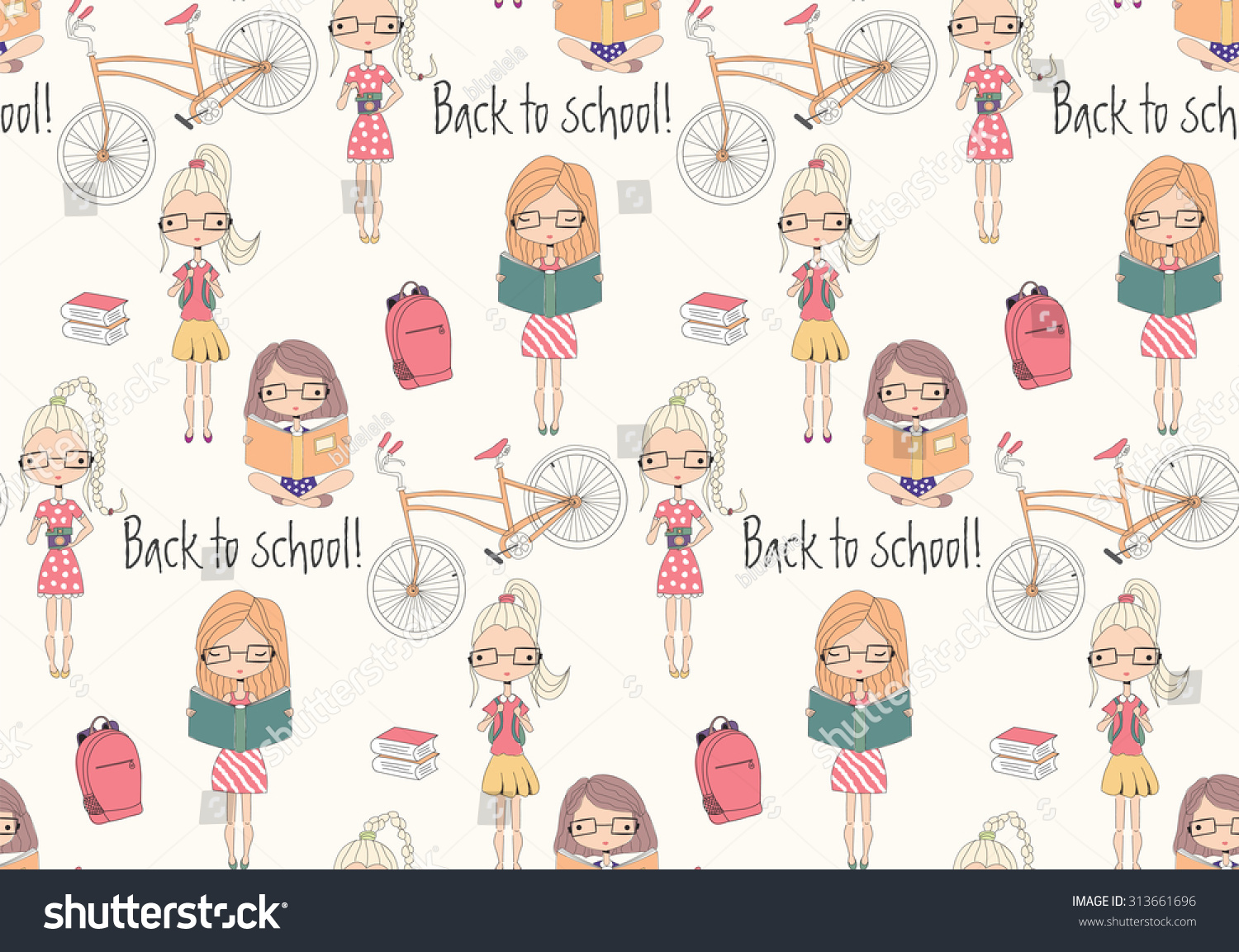 Back to school seamless pattern with school girls  bicycle and books  vector illustration