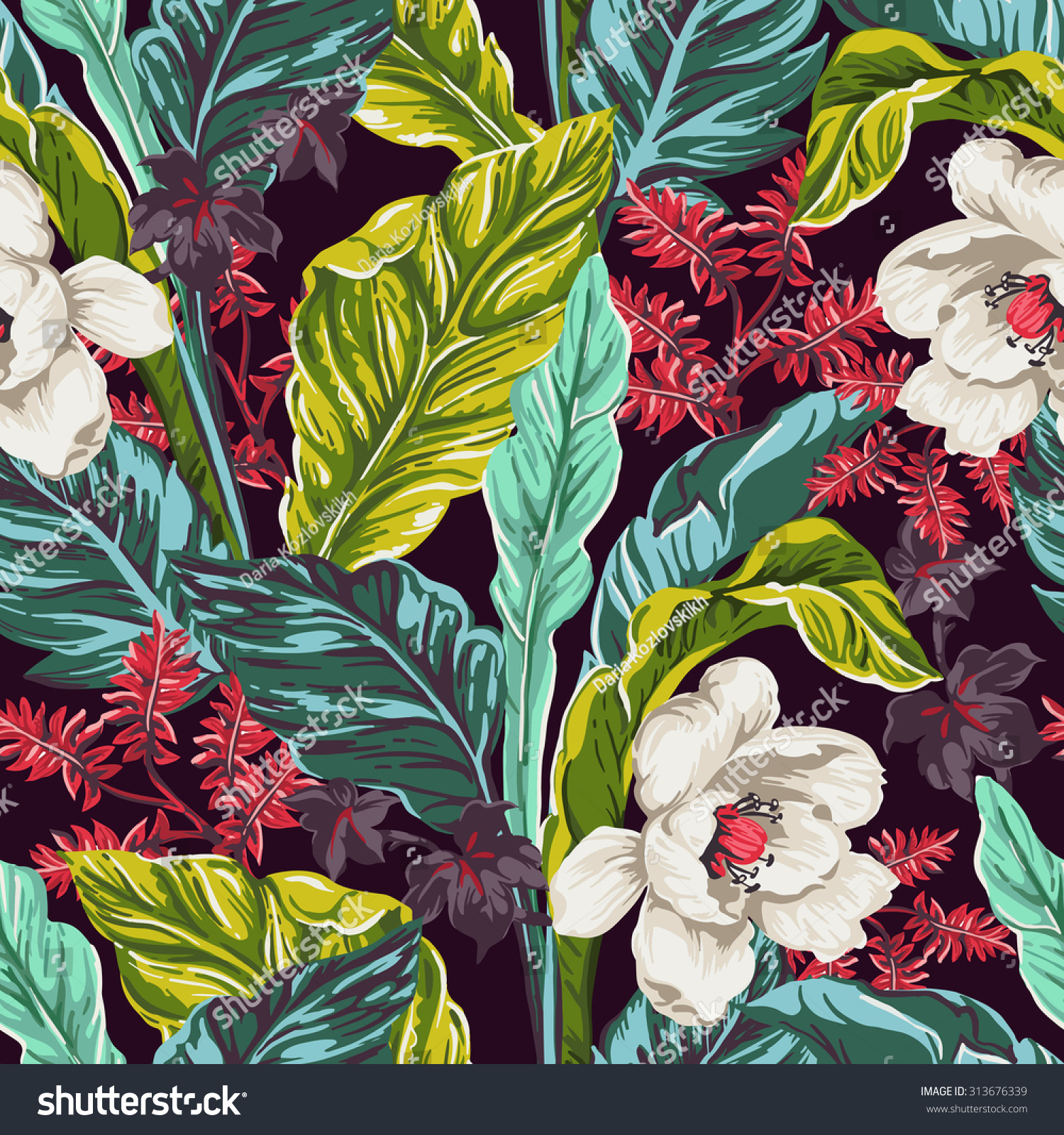 seamless pattern of exotic flower and leaves