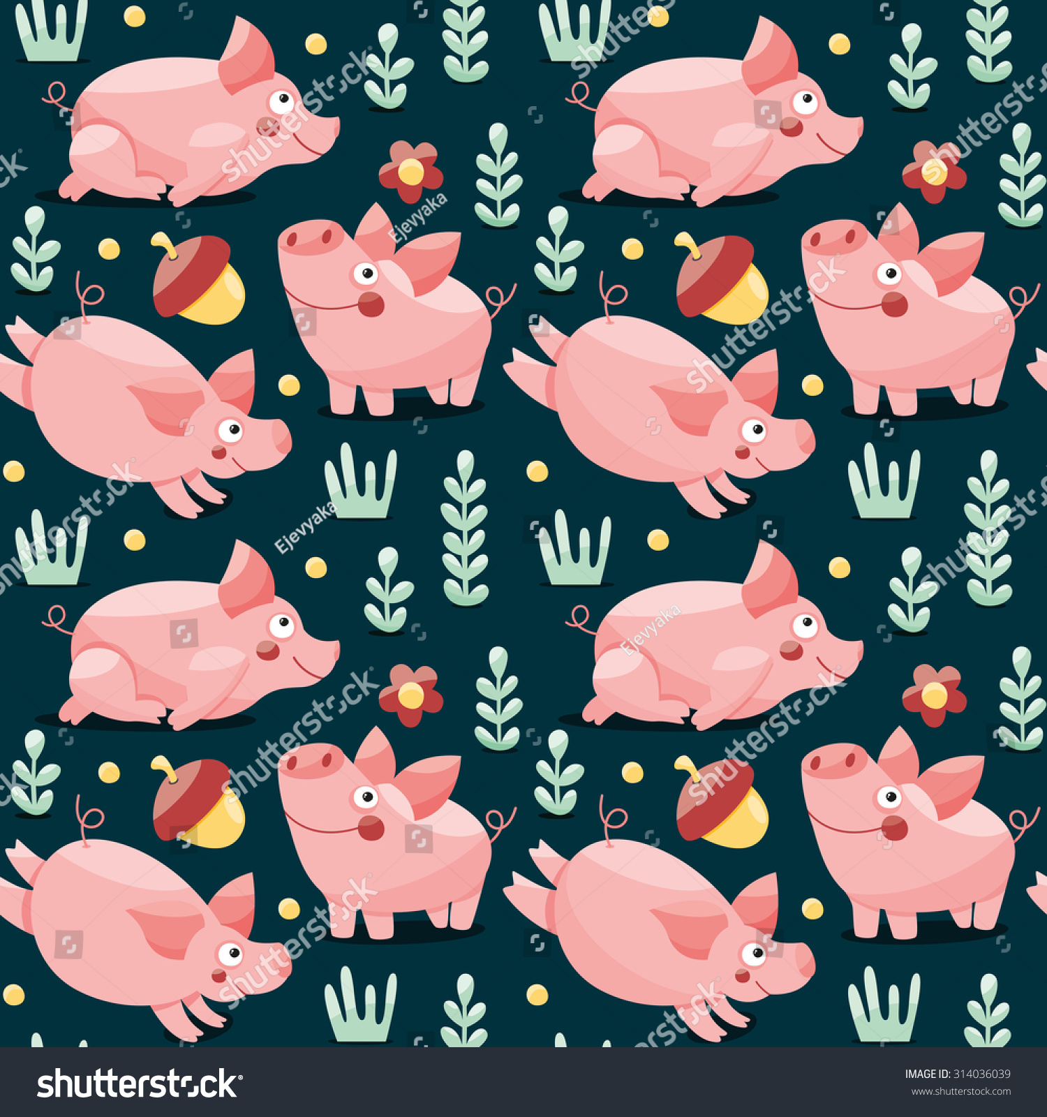 Seamless pattern with pigs  plants and acorns