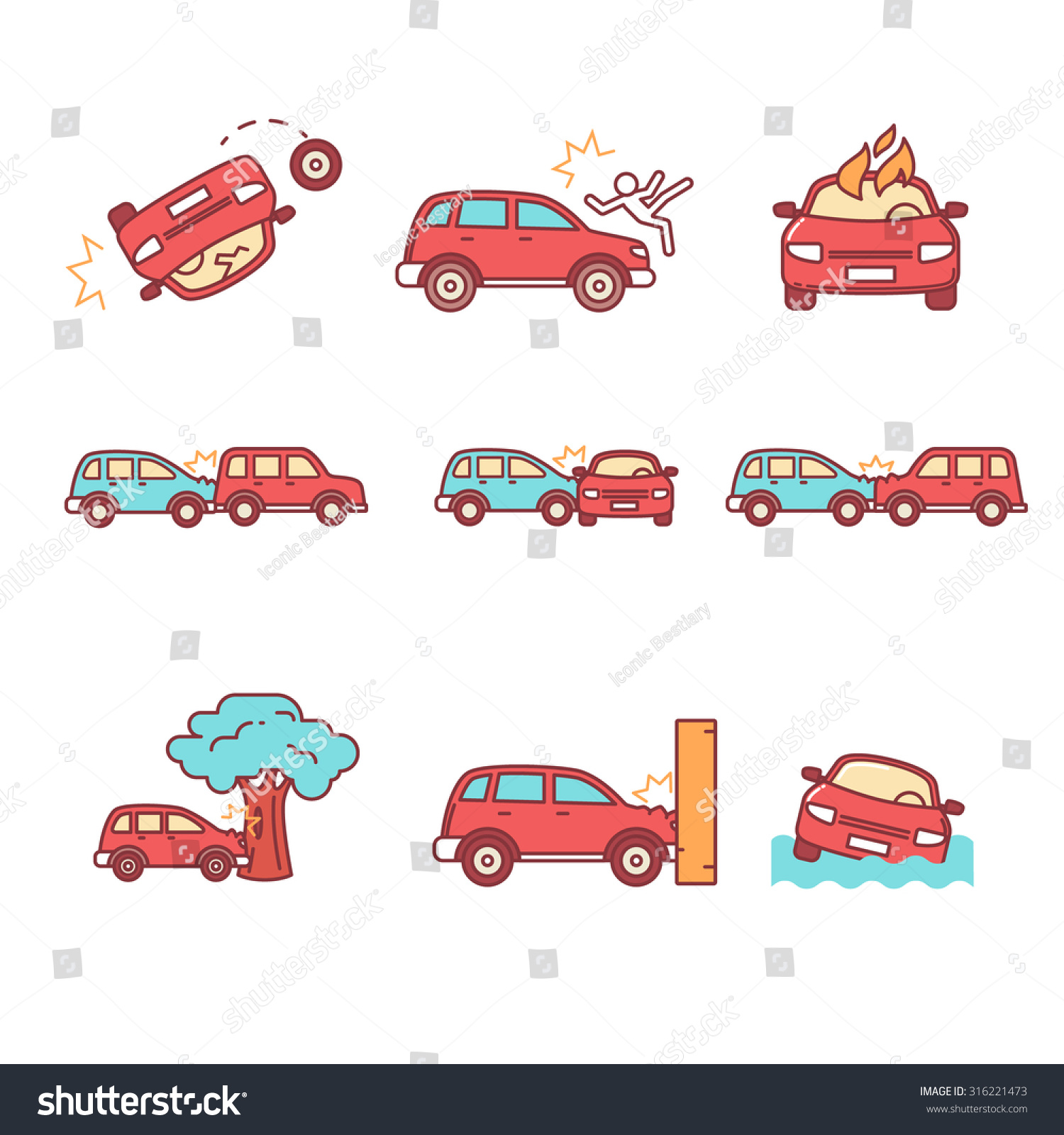 Car crash and accidents. Thin line icons set. Flat style color vector symbols isolated on white.