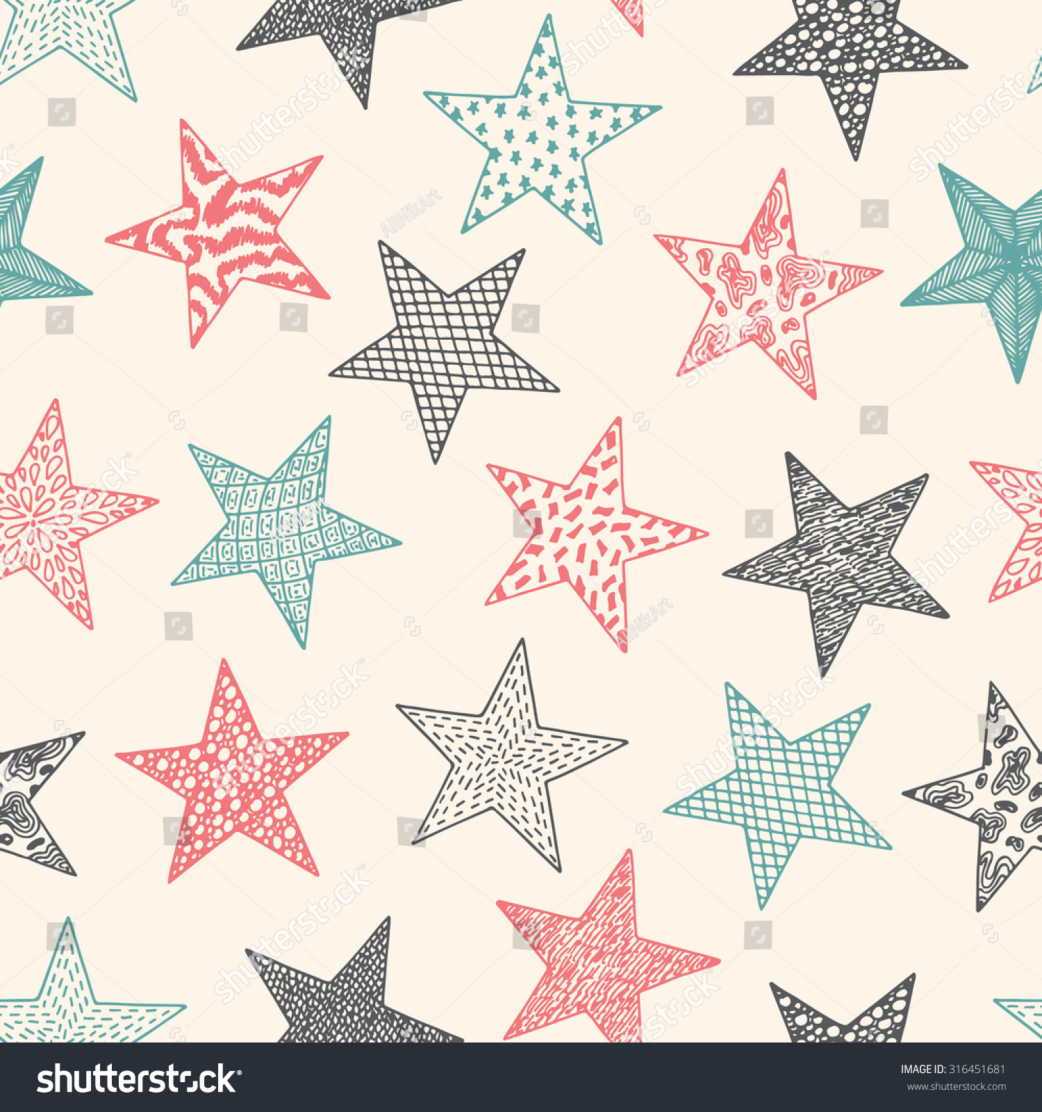 Vintage Stars - Vector  Seamless pattern. Stars with different patterns. Hand drawn doodle Stars.