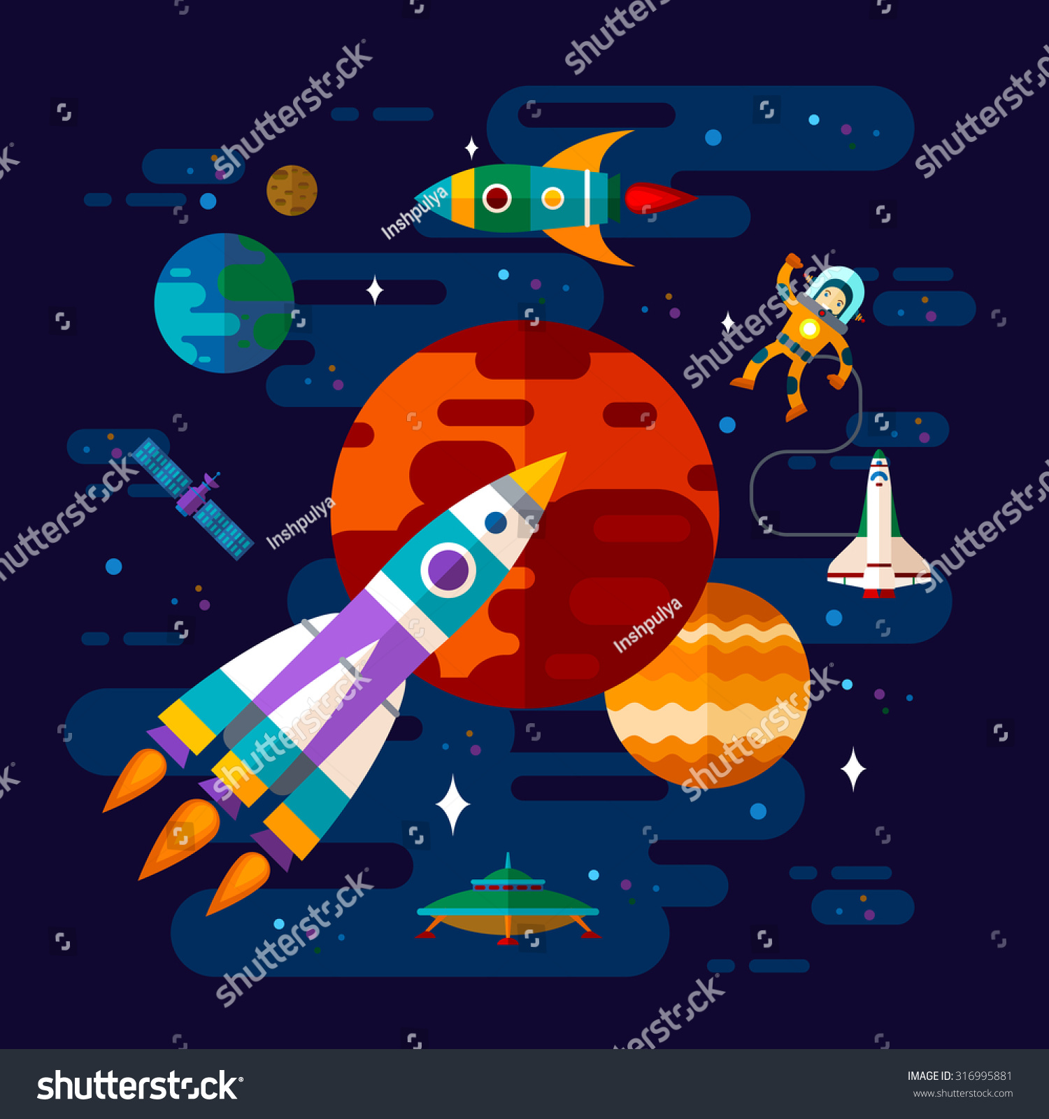 Vector flat space elements with spaceship  ufo and planets.