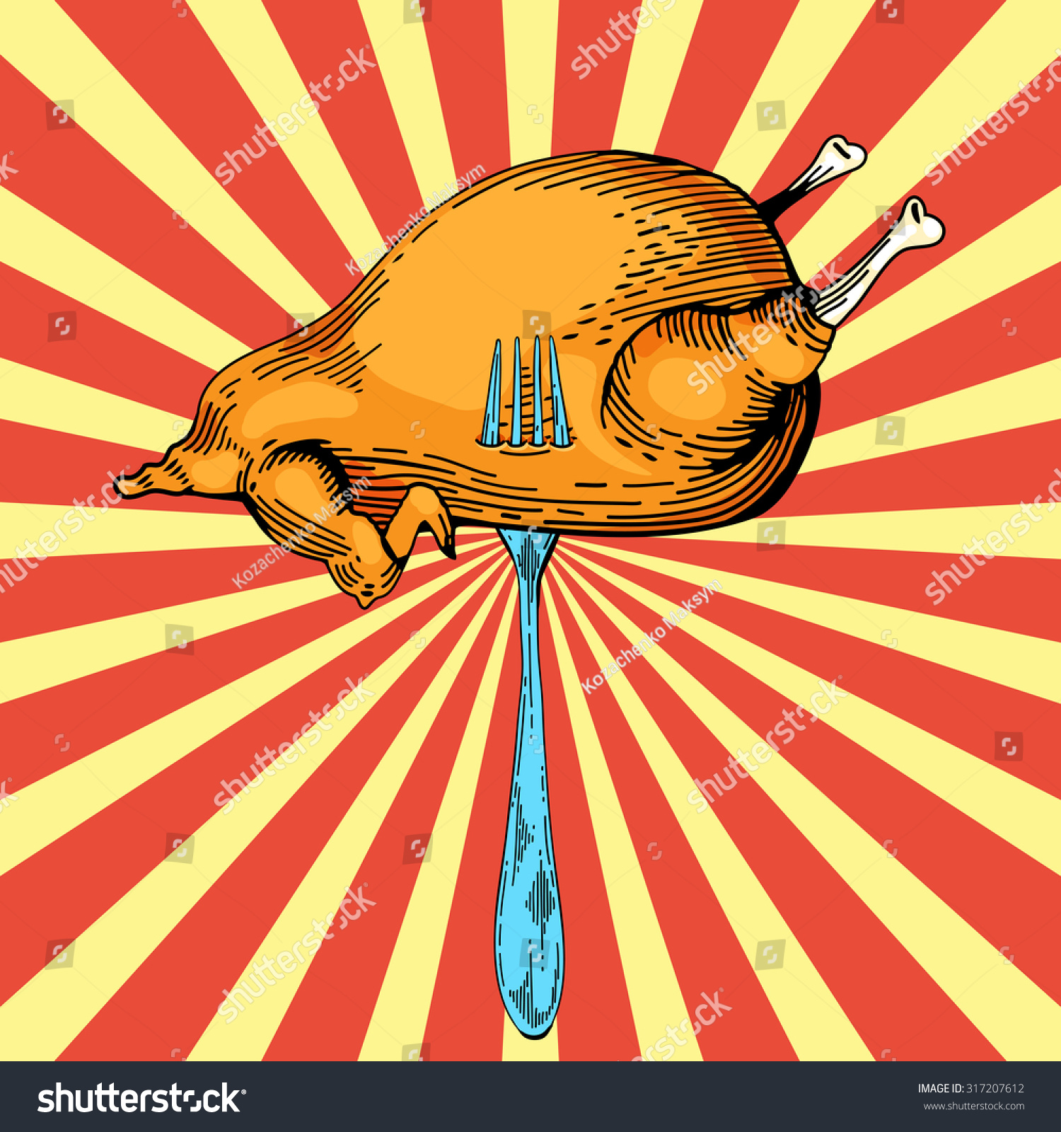 Fast food illustration in pop art style. Menu for restaurant or cafe. chicken meat roast on grilled.  turkey vintage poster. Meat in pop art comic style. Cooked meal hand drawn image