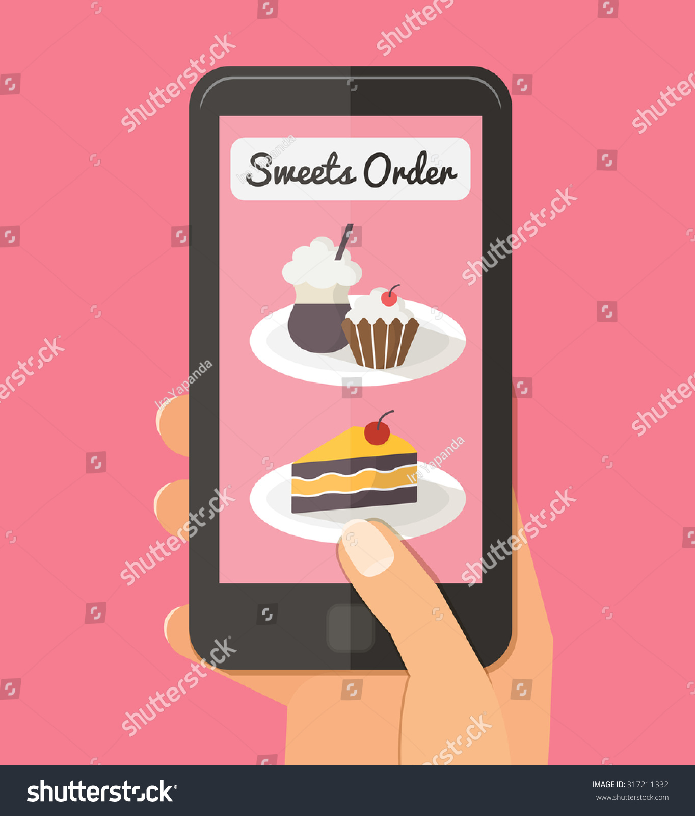 Online order. Sweet choice bakery via internet. Woman hand with mobile. Flat vector illustrations. 