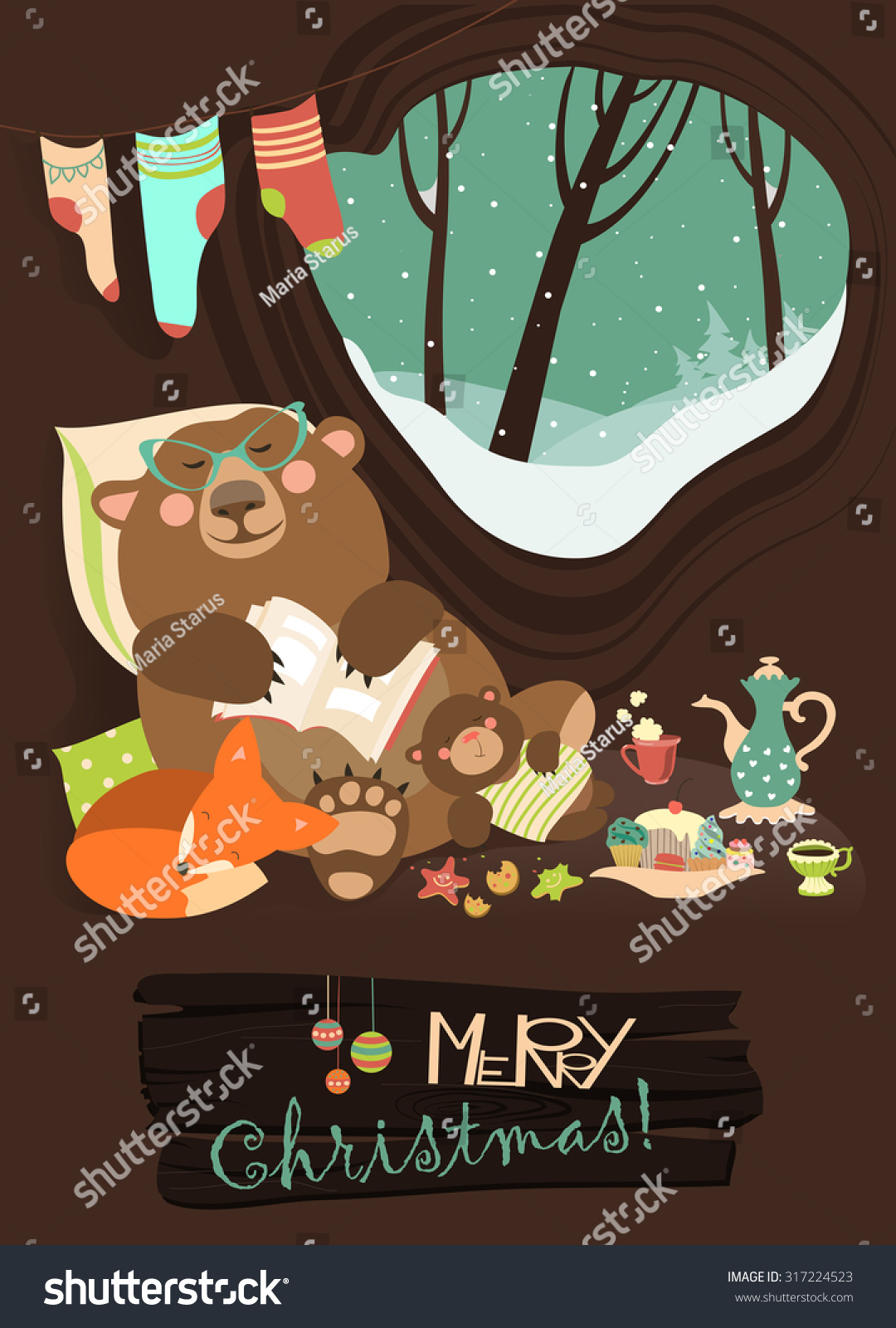 Cute cartoon bear with cub and little fox sleeping in the winter in his den. Vector greeting card