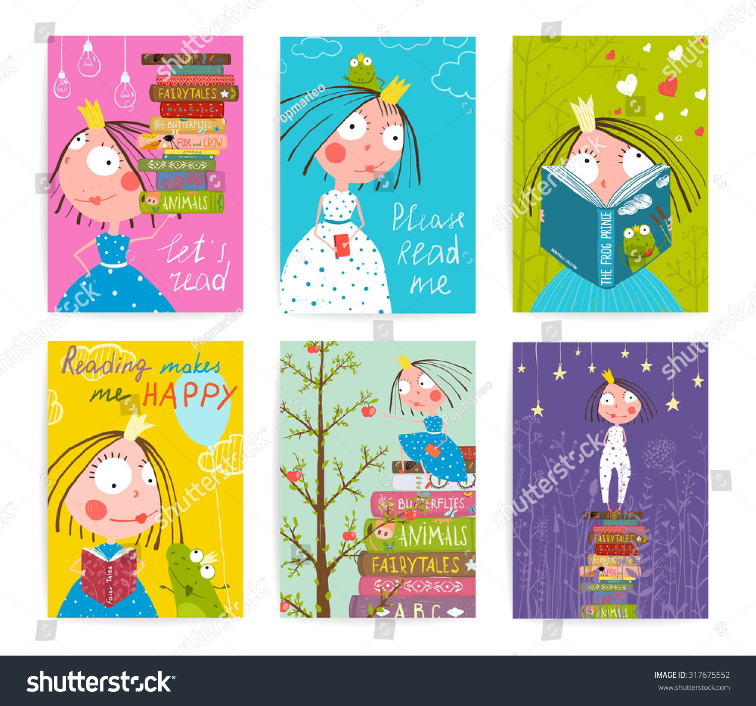 Cute Little Princess Kids Reading Fairy Tale Books Library Poster Collection. Colorful cute girl cards big bundle with a sign for a little child about reading literature. Vector illustration.