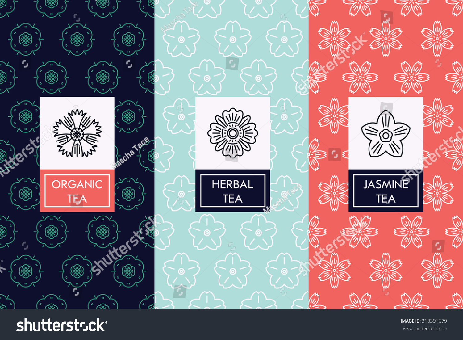 Lovely vector linear floral themed tea labels and package patterns | Thin line organic  jasmine and herbal tea background pattern set. Ideal for package  wrapping paper  wallpaper and fabric design